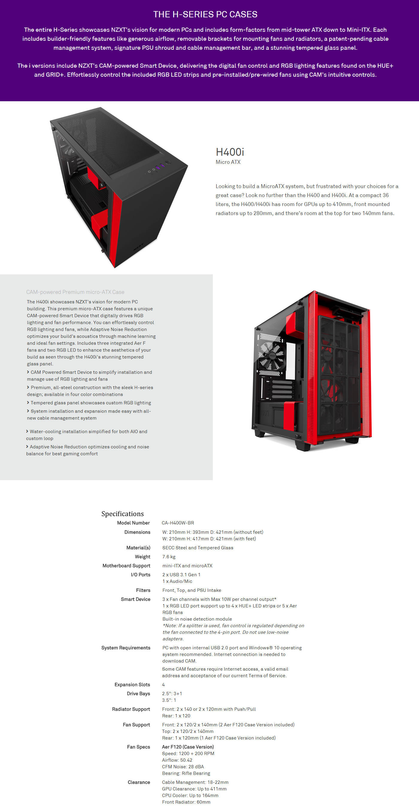  Buy Online Nzxt H400i Premium Micro-ATX Case with CAM - Matte Black + Red (CA-H400W-BR)