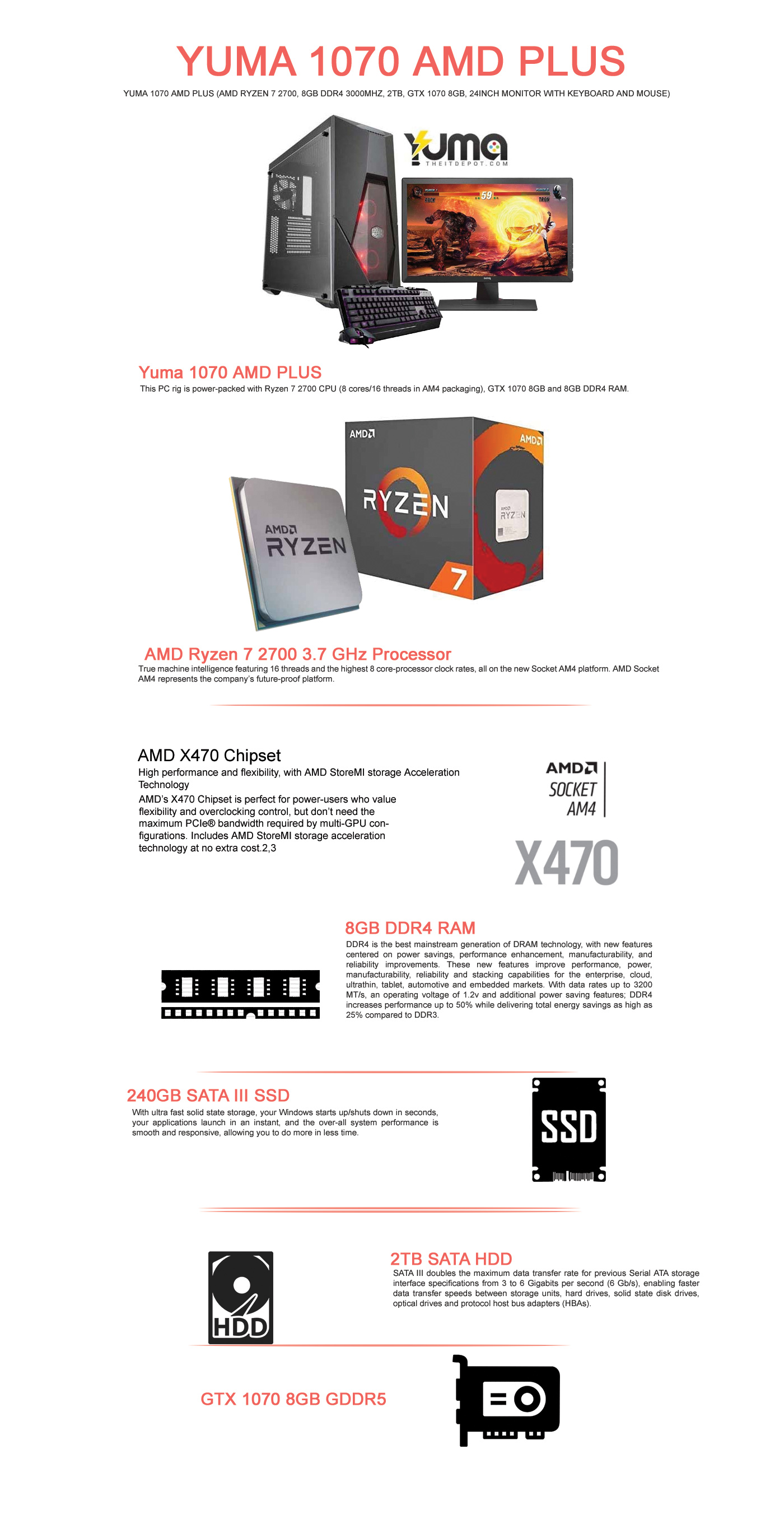  Buy Online Yuma 1070 AMD Plus (AMD Ryzen 7 2700, 8GB DDR4 3000MHz, 2TB, GTX 1070 8GB, 24inch Monitor with Keyboard and Mouse)
