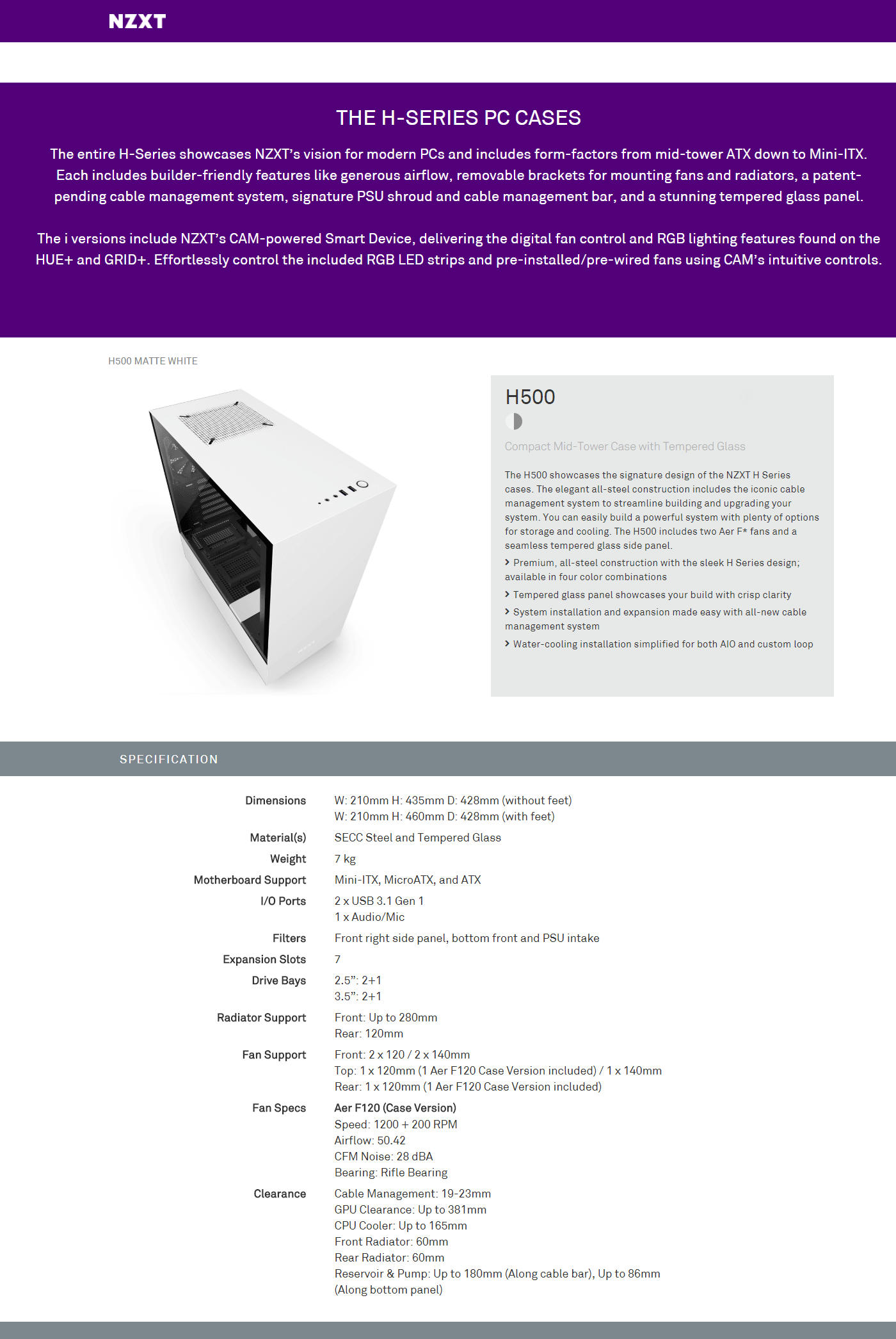  Buy Online Nzxt H500 Compact Mid-Tower Case with Tempered Glass - Matte White (CA-H500B-W1)