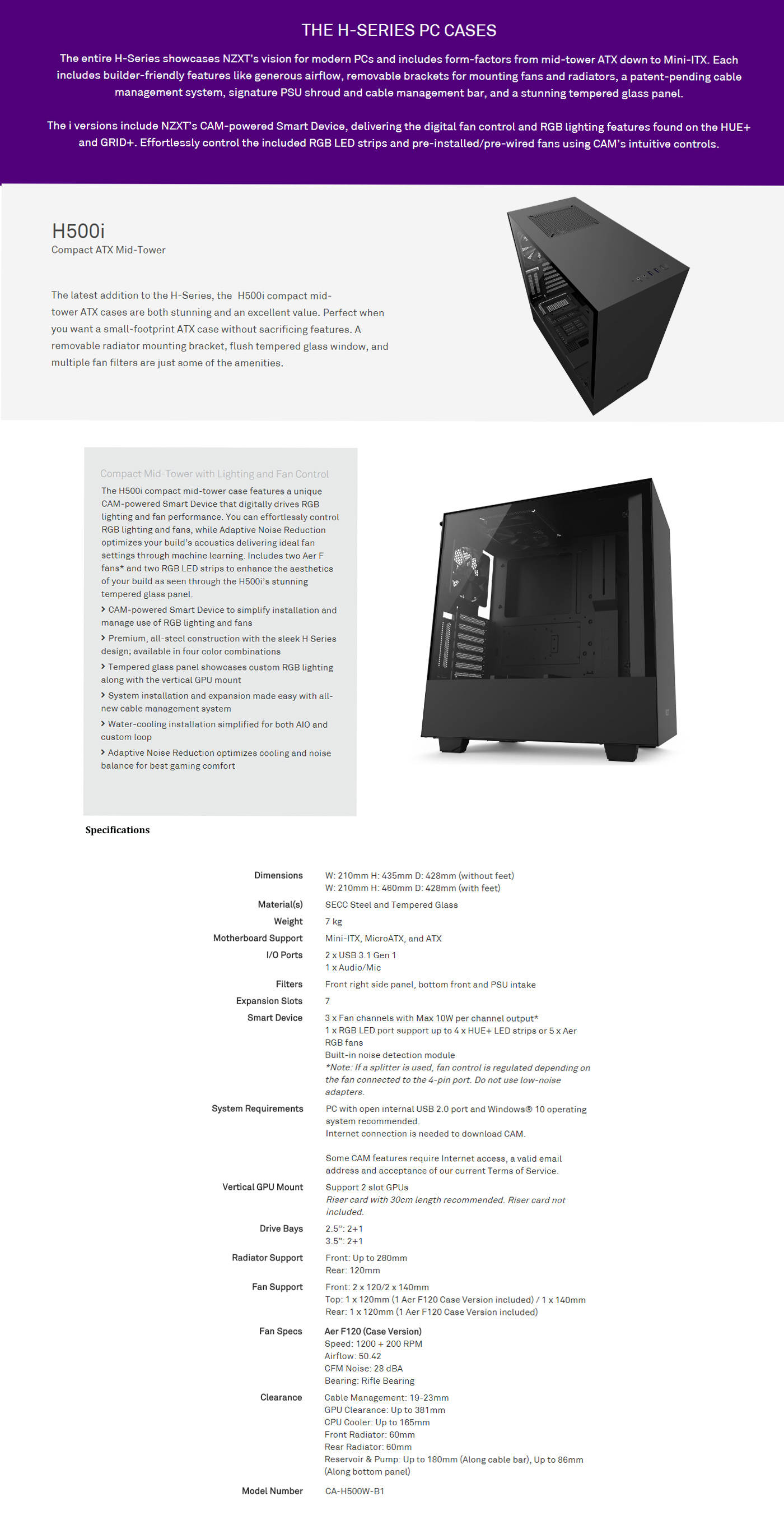  Buy Online Nzxt H500i Compact Mid-Tower with Lighting and Fan Control - (CA-H500W-B1)