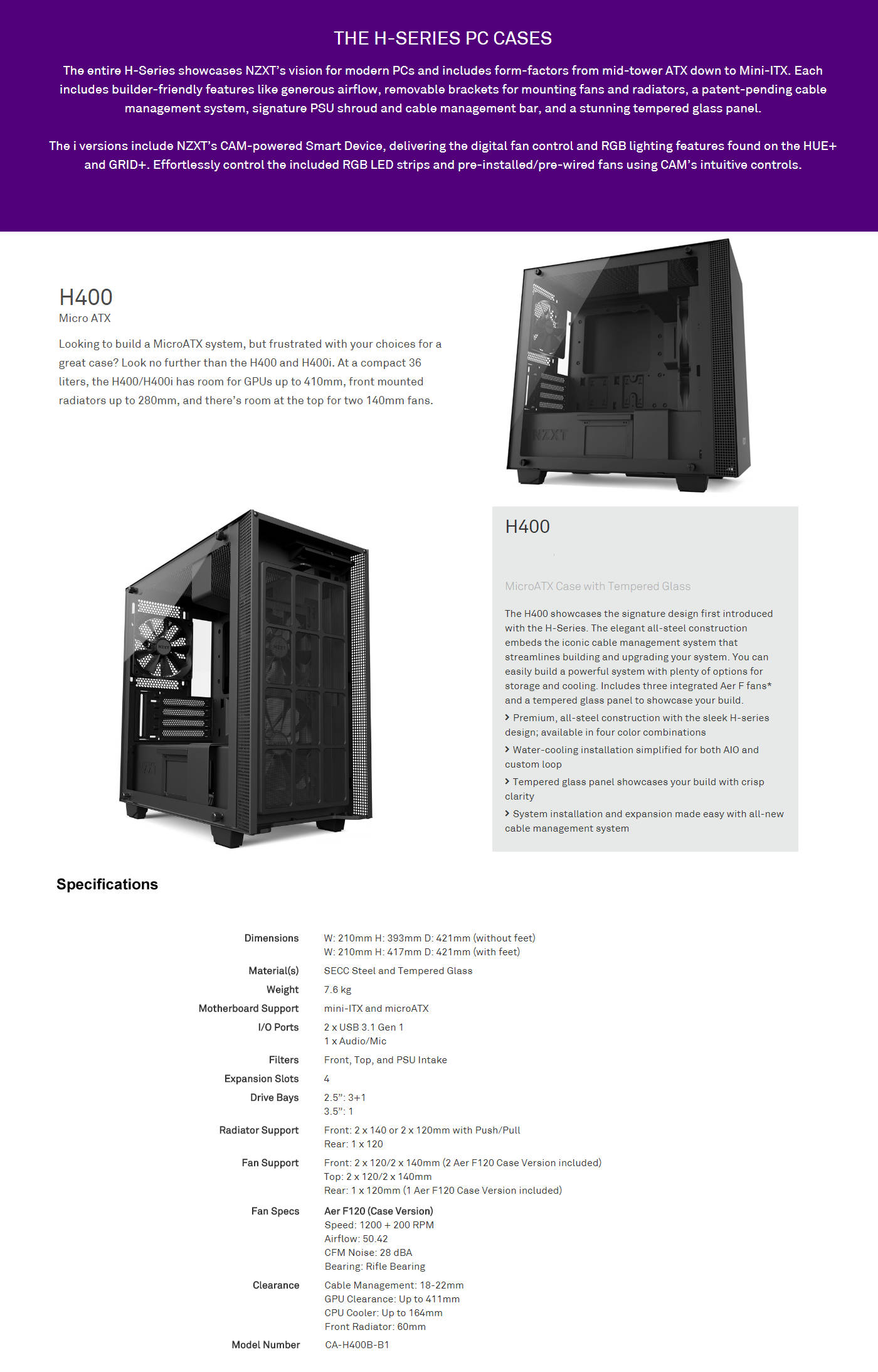  Buy Online Nzxt H400 MicroATX Case with Tempered Glass - Matte Black (CA-H400B-B1)