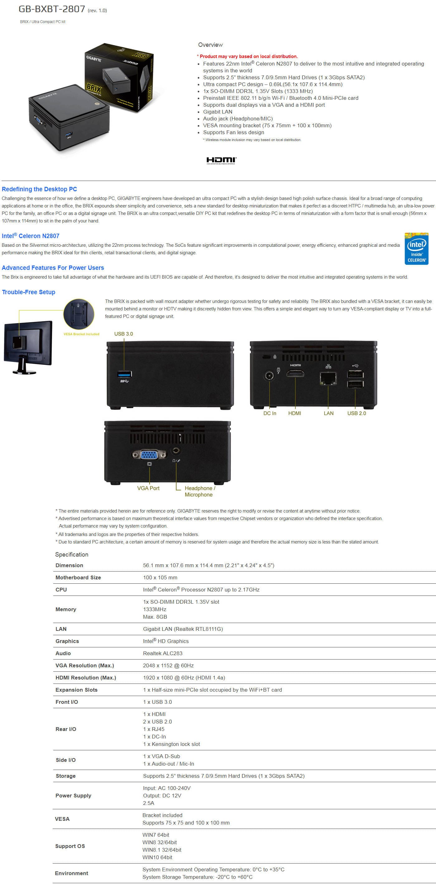  Buy Online Gigabyte Celeron Brix Ultra Compact PC kit (BXBT-2807)