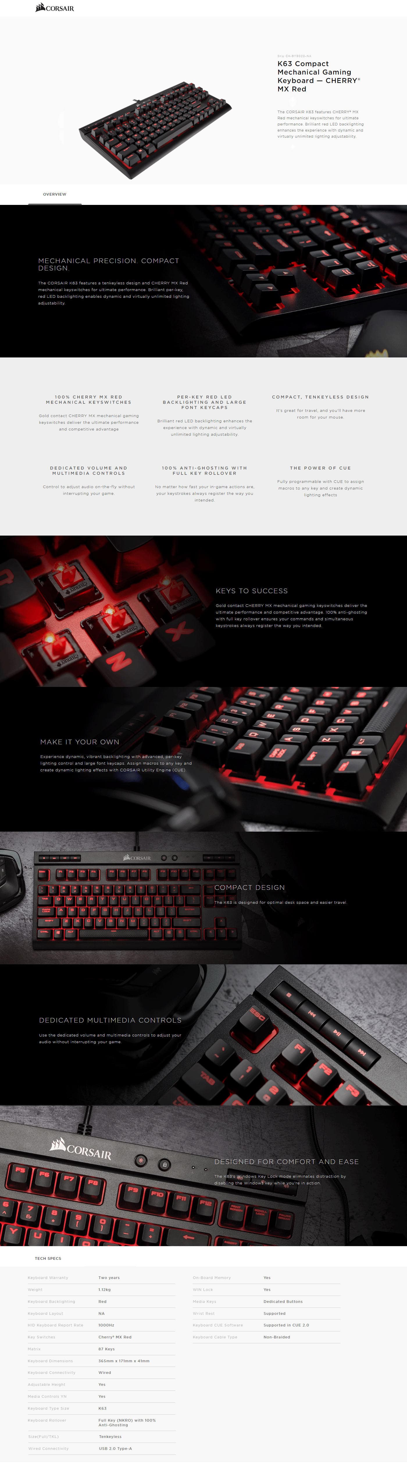  Buy Online Corsair K63 Compact Mechanical Gaming Keyboard - Cherry MX Red (CH-9115020-NA)