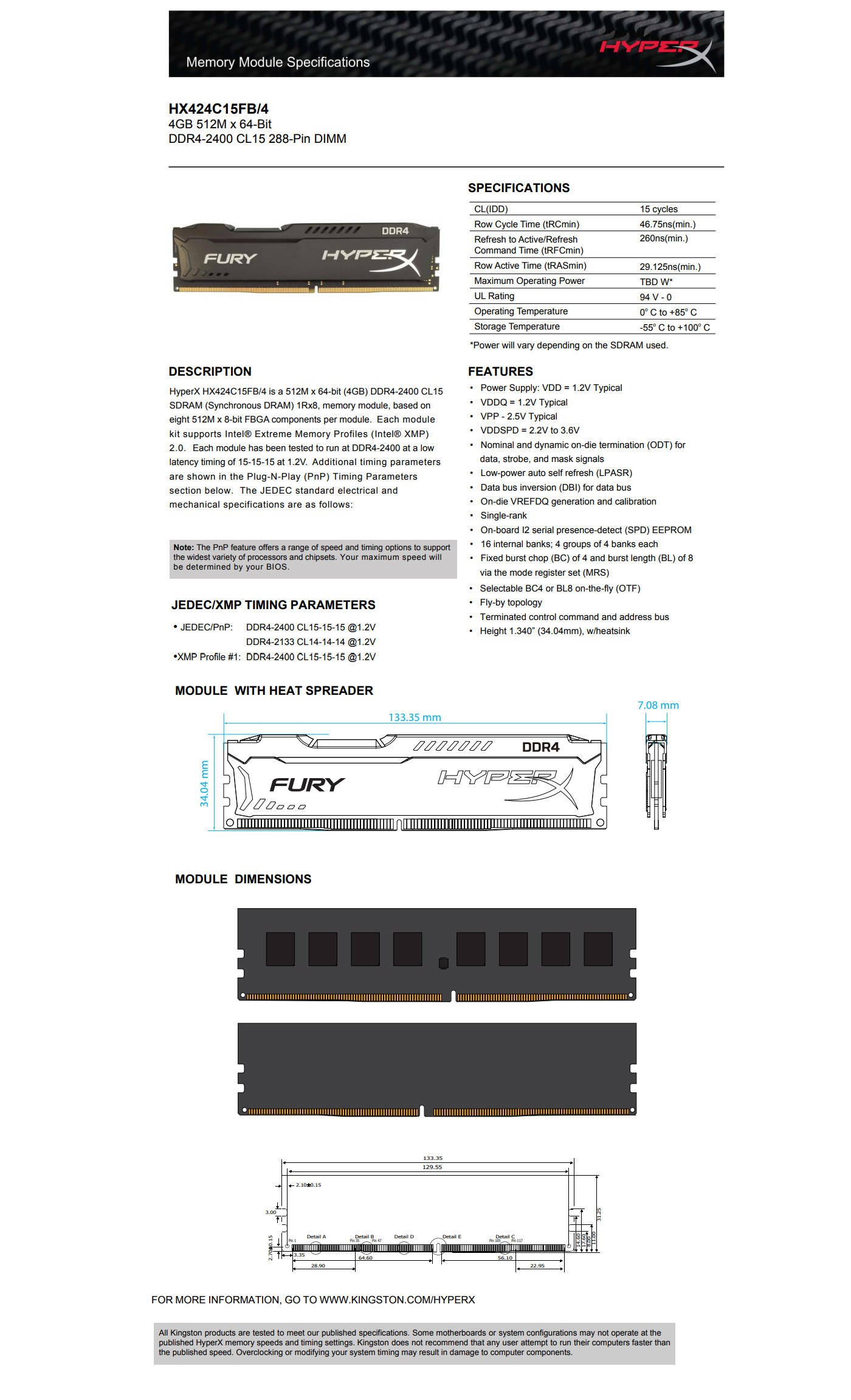  Buy Online Kingston HyperX Fury 4GB DDR4 2400 MHz DIMM (HX424C15FB-4)
