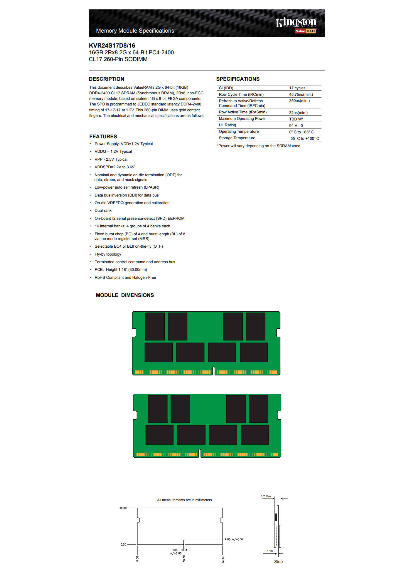  Buy Online Kingston 16GB DDR4 2400 MHz CL17 260-Pin SODIMM (KVR24S17D8-16)
