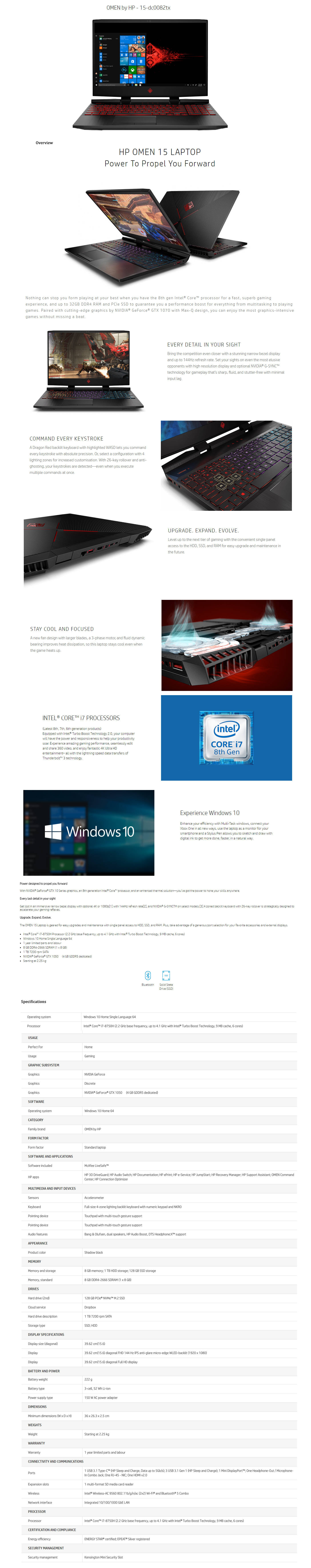  Buy Online HP Omen 15-dc0082tx 15.6inch Gaming Laptop (Core i7-8750H, 8GB, 1TB, 128GB SSD, GTX 1050 4GB, Windows10)