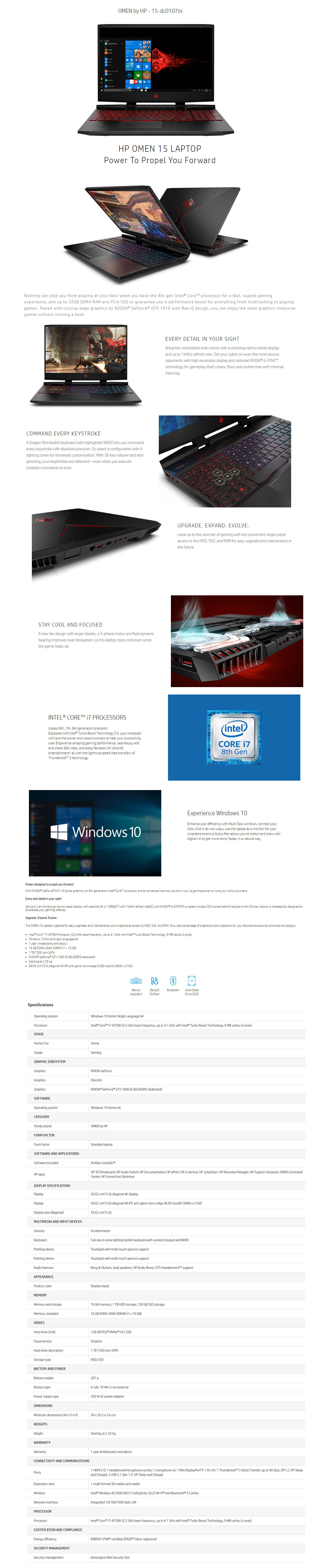 Buy Online HP Omen 15-dc0107tx 15.6inch Gaming Laptop (Core i7-8750H, 16GB, 1TB, 128GB SSD, GTX 1060 6GB, Windows10)
