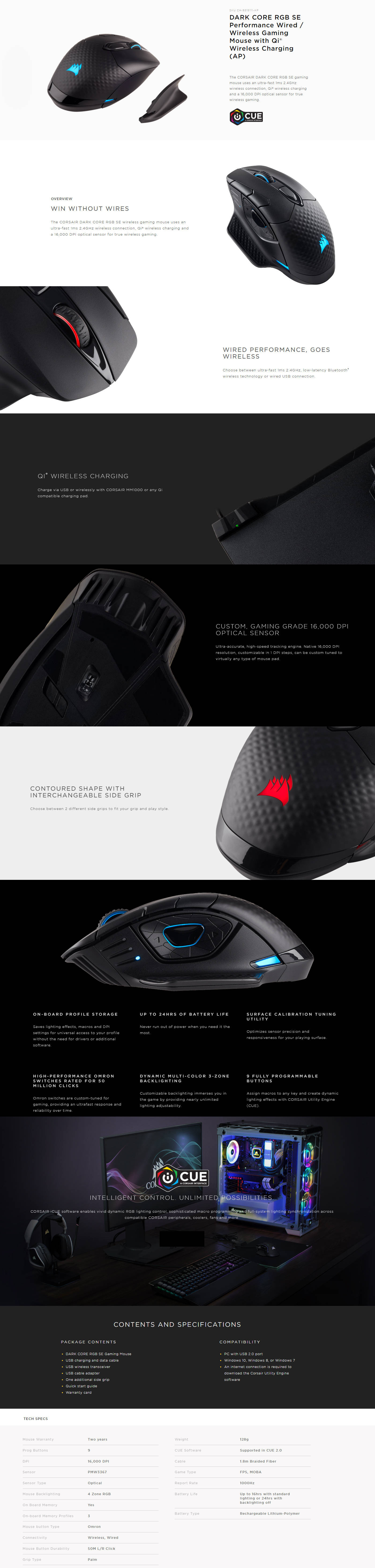  Buy Online Corsair DARK CORE RGB SE Performance Wired-Wireless Gaming Mouse with Qi Wireless Charging (CH-9315111-AP)
