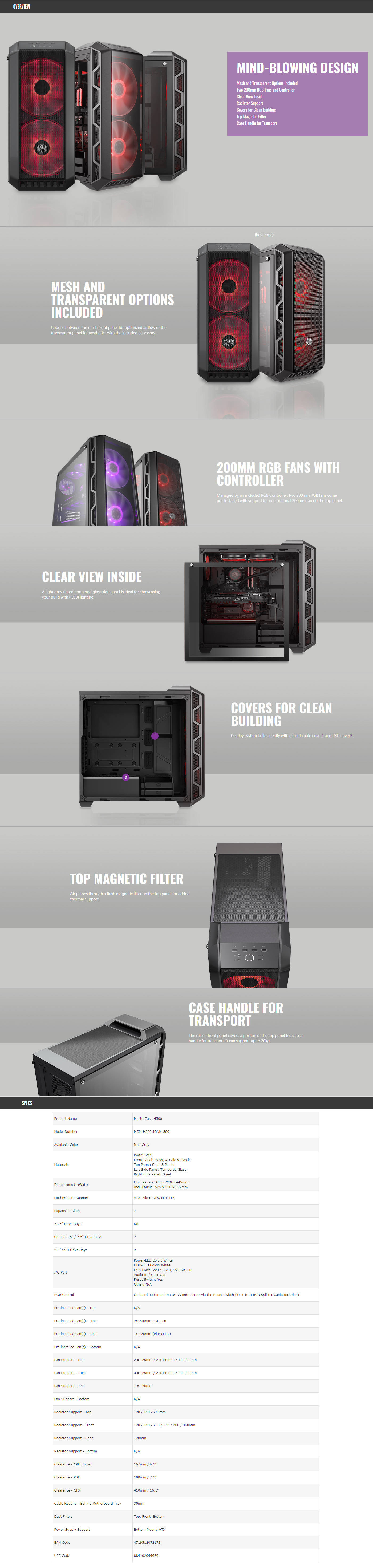  Buy Online Cooler Master MasterCase H500 Mid Tower Case - Iron Grey (MCM-H500-IGNN-S00)