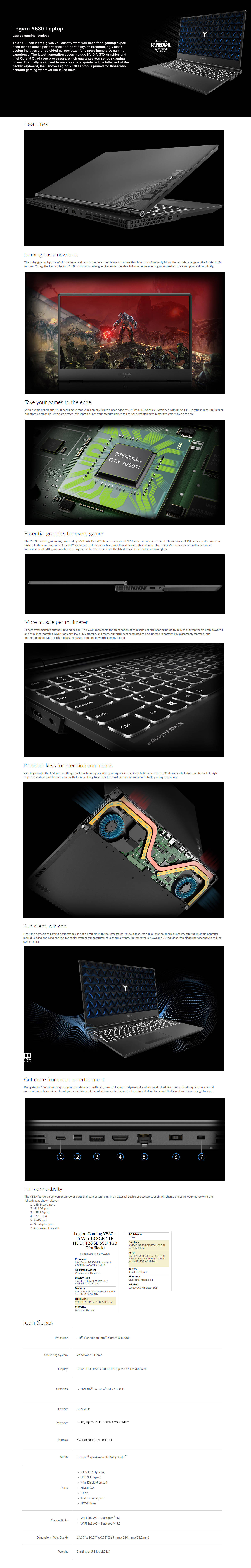  Buy Online Lenovo Legion Y530 15.6inch Gaming Laptop - Black - 81FV00JLIN (Core i5-8300H, 8GB, 128GB SSD, 1TB, GTX 1050 Ti 4GB, Windows 10)