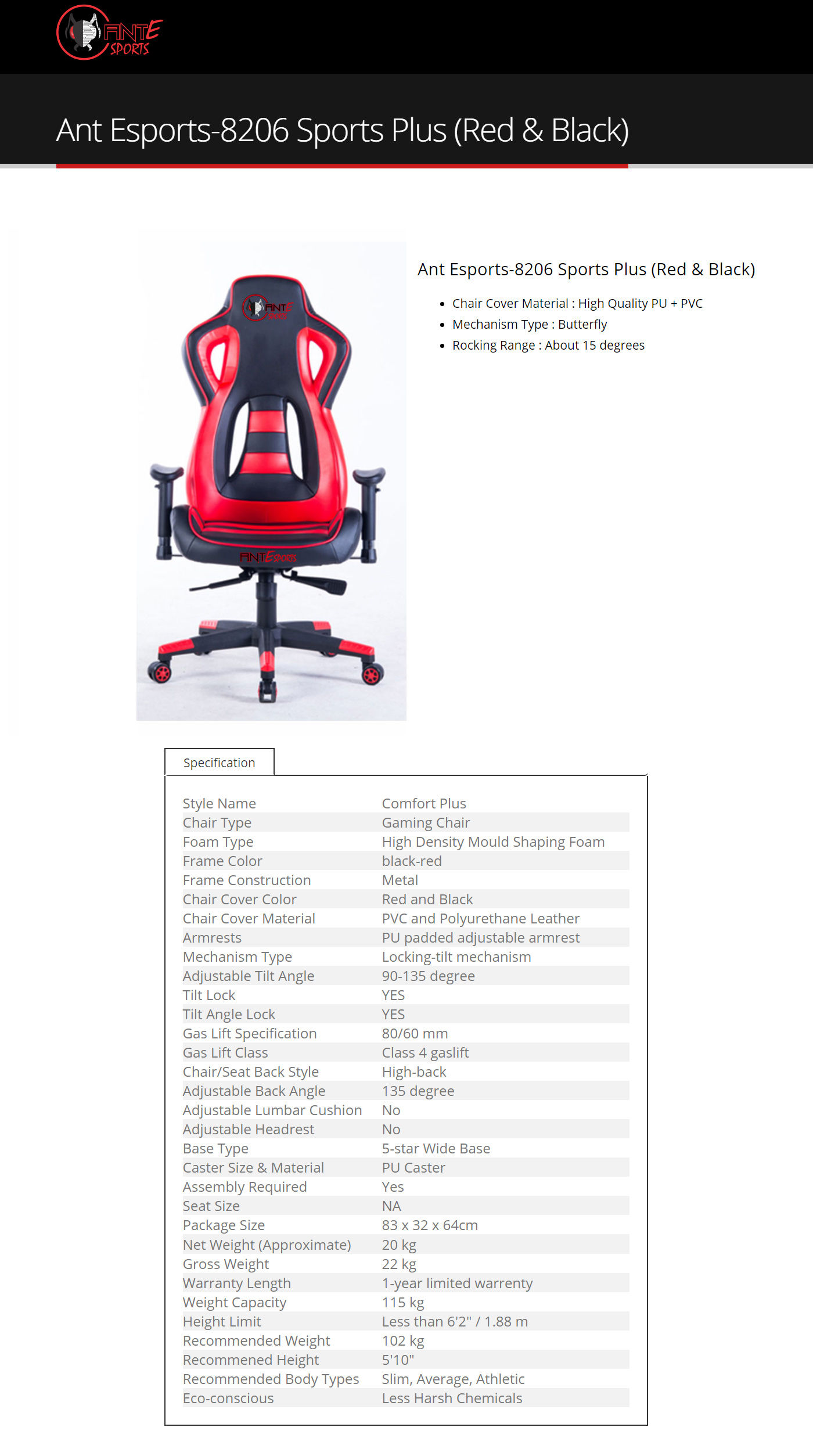  Buy Online Ant Esports 8206 Gaming Chair - Red and Black
