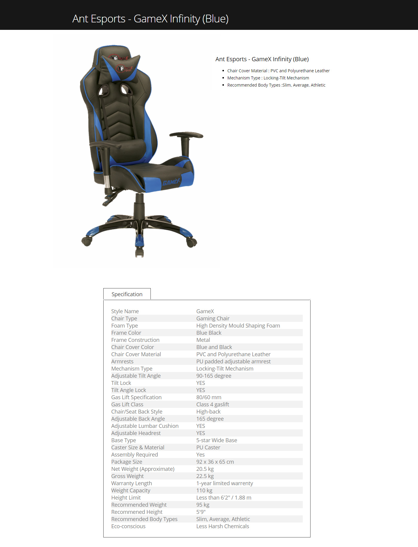  Buy Online Ant Esports GameX Infinity Gaming Chair - Blue