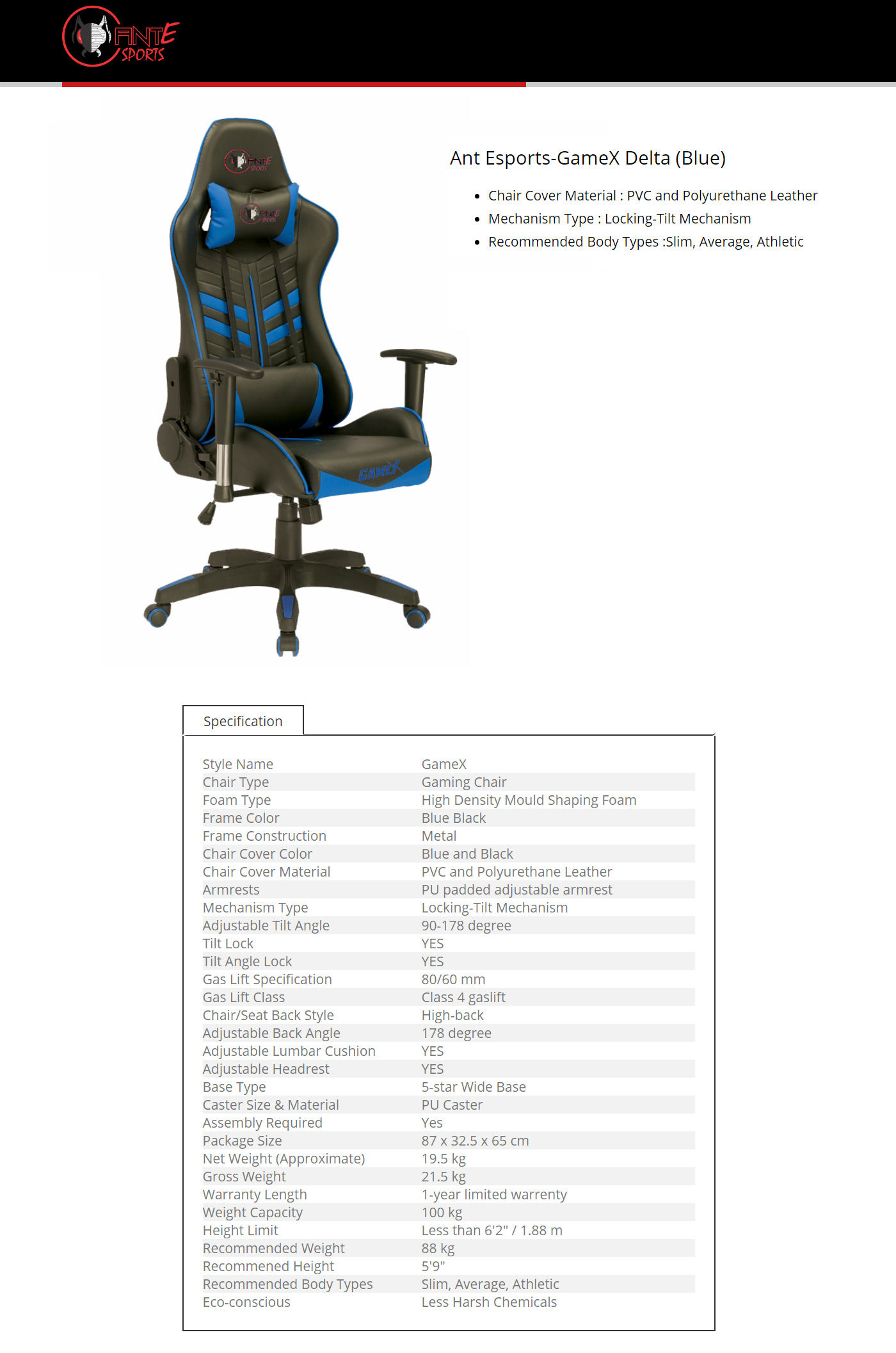  Buy OnlineAnt Esports GameX Delta Gaming Chair - Blue
