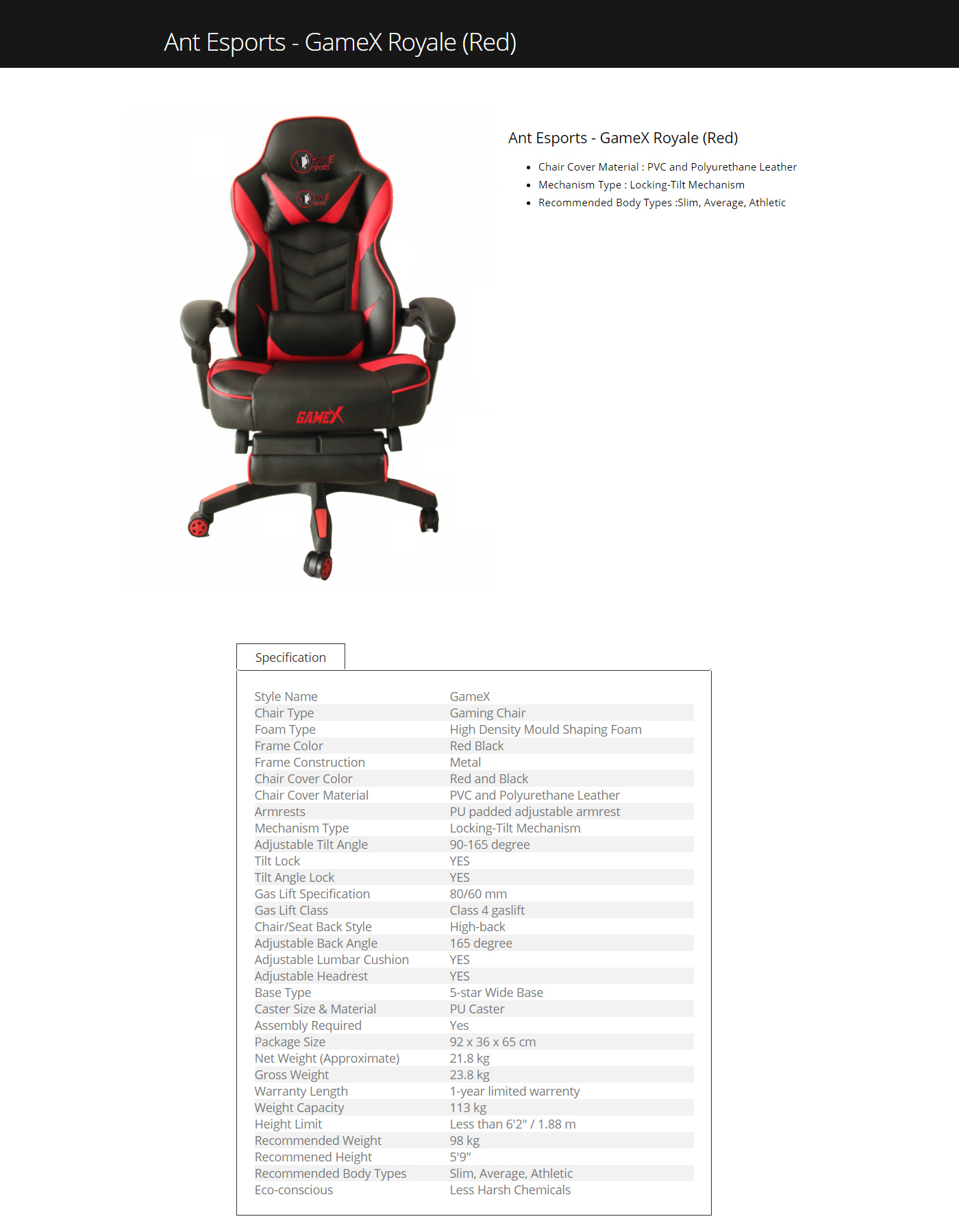  Buy Online Ant Esports GameX Royale Gaming Chair With Foot Rest - Red
