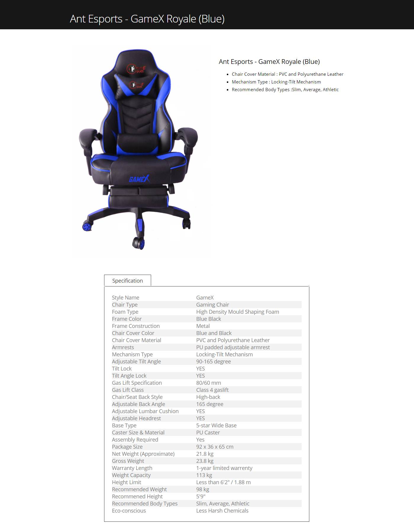  Buy Online Ant Esports GameX Royale Gaming Chair With Foot Rest - Blue