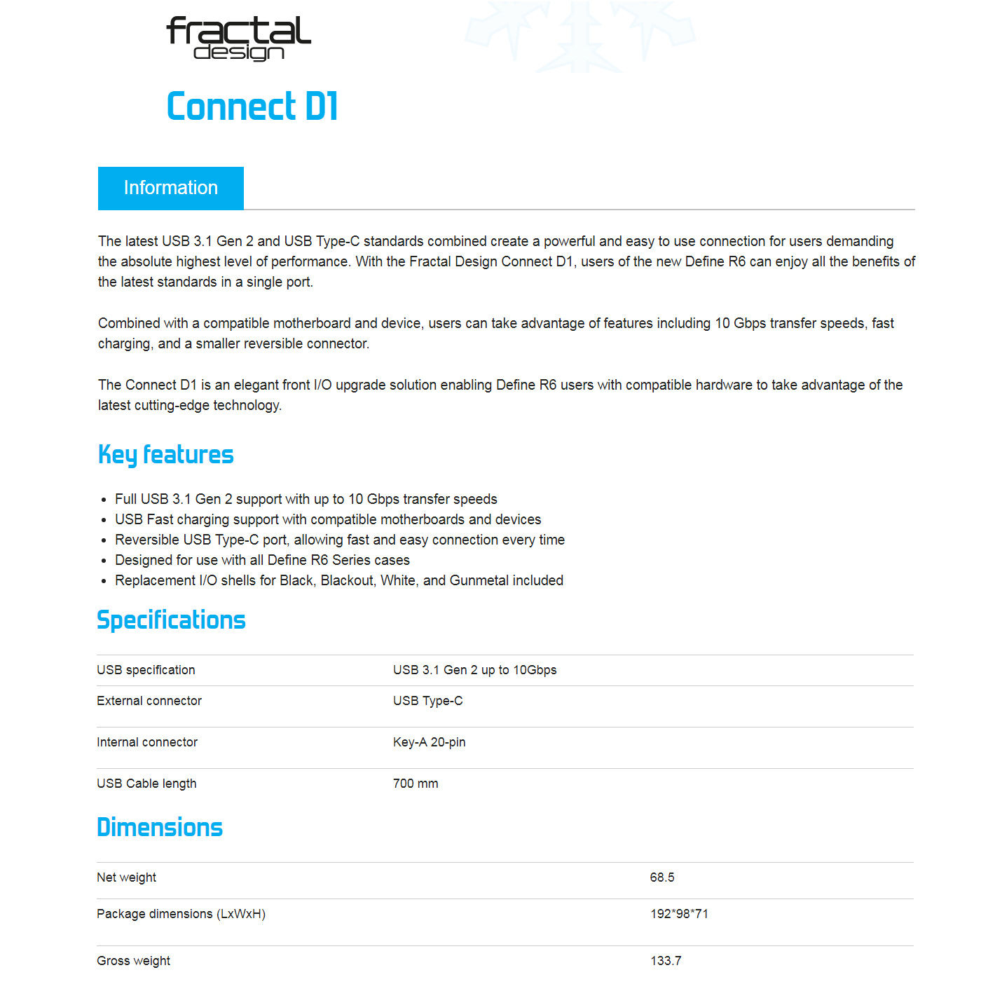  Buy Online Fractal Design Connect D1 - Define R6-S2 USB C Kit 1 Acces (FD-ACC-CON-D1-M1)