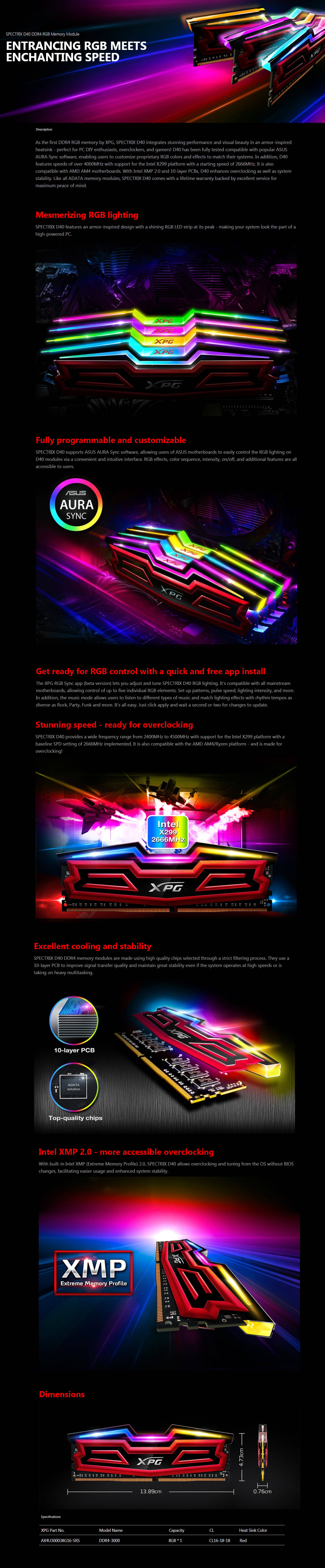  Buy Online Adata XPG SPECTRIX D40 8GB 3000MHz DDR4 RGB Memory Module (AX4U300038G16-SRS)