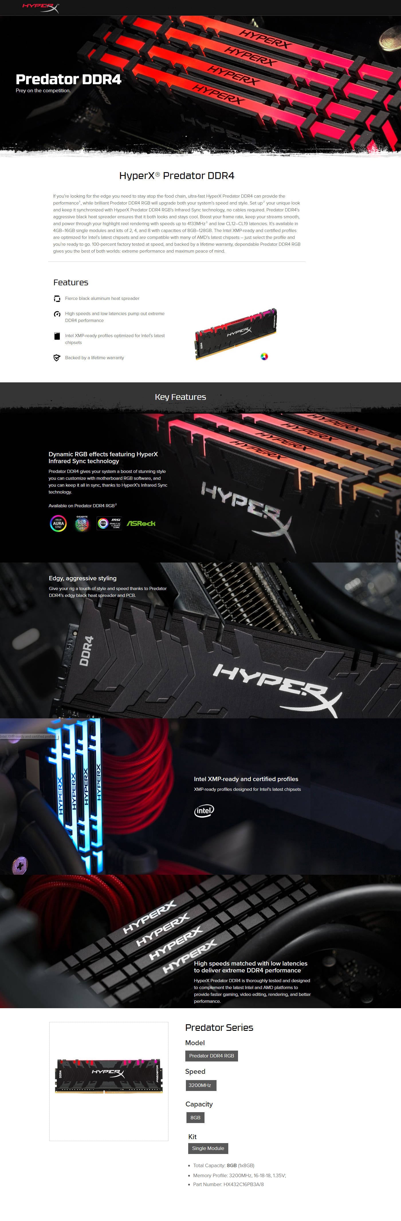 Buy Online HyperX Predator RGB 8GB (1 x 8GB) 3200MHz DDR4 Memory (HX432C16PB3A-8)