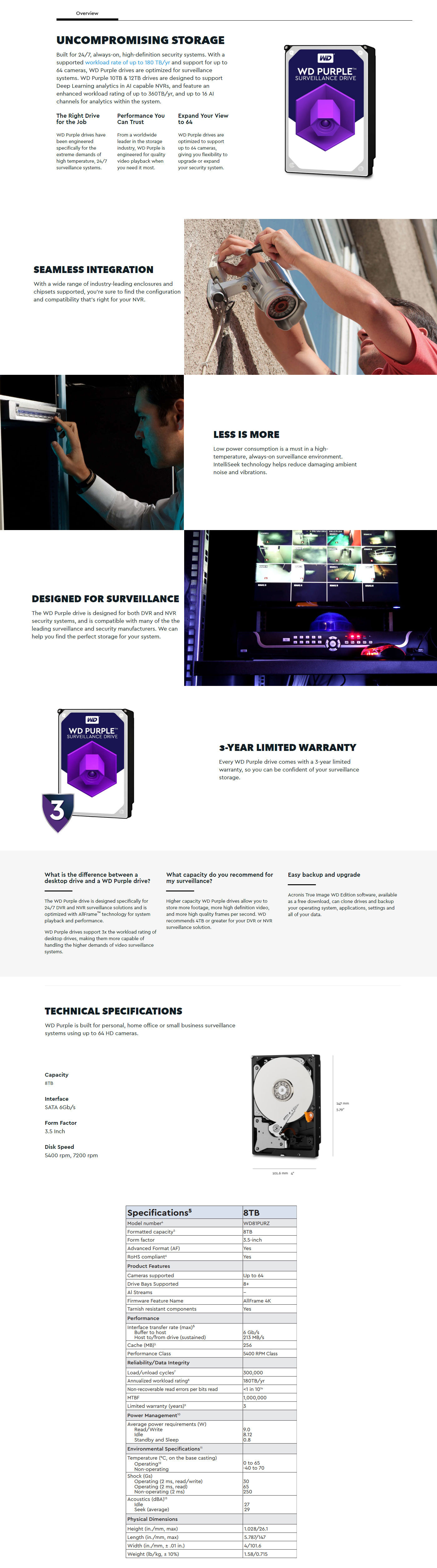  Buy Online Western Digital Purple 8TB Surveillance SATA Hard Drive ((WD81PURZ)