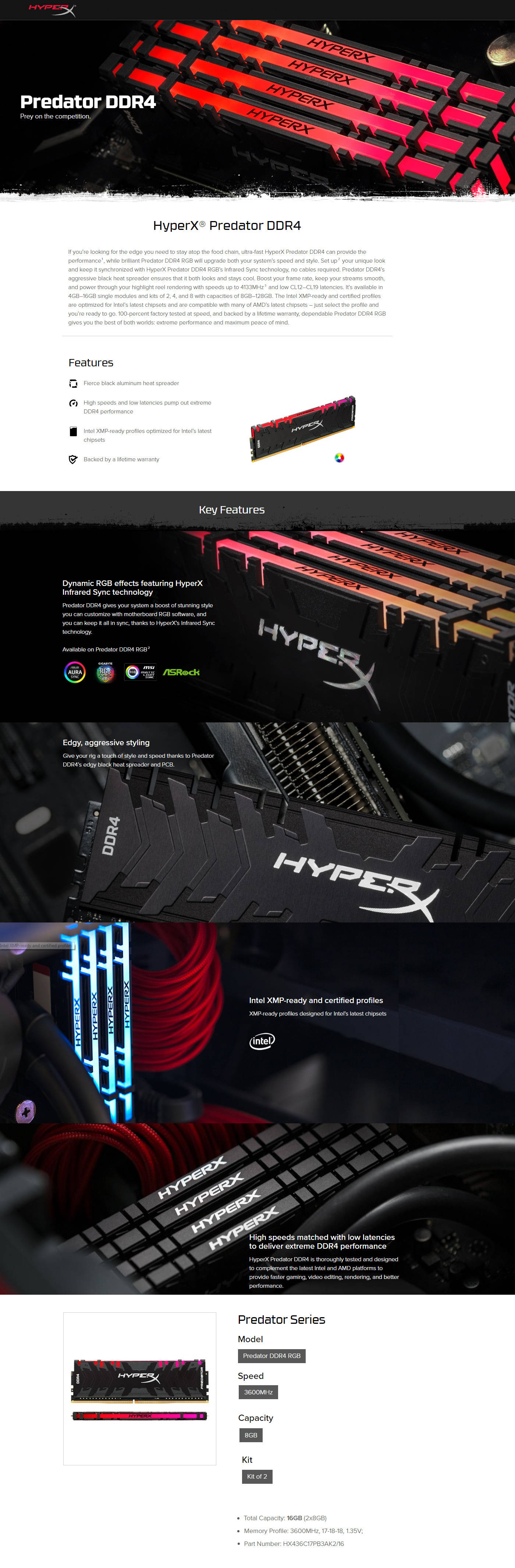  Buy Online HyperX Predator RGB 16GB (2 x 8GB) 3600MHz DDR4 Memory (HX436C17PB3AK2-16)