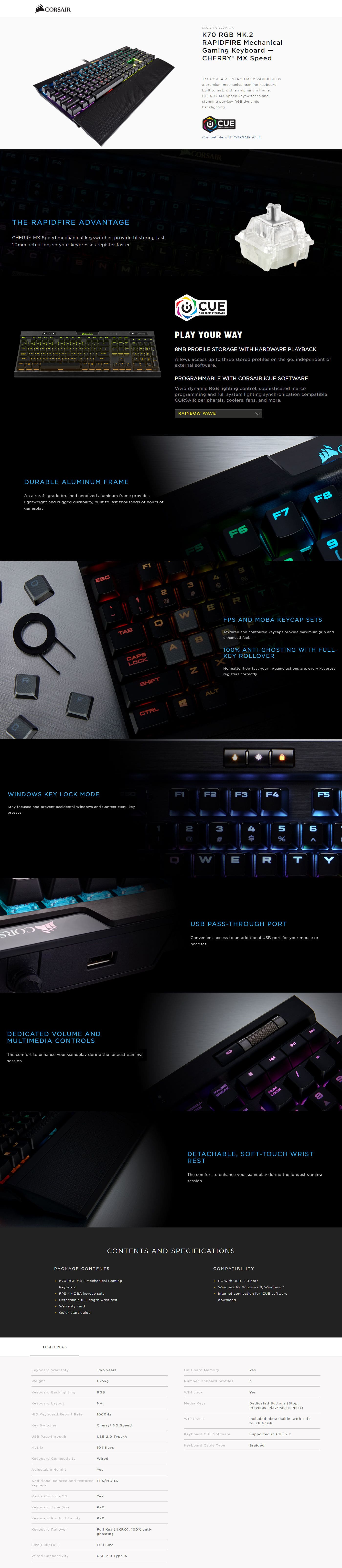  Buy Online Corsair K70 RGB MK.2 Rapidfire Mechanical Gaming Keyboard - Cherry MX Speed (CH-9109014-NA)