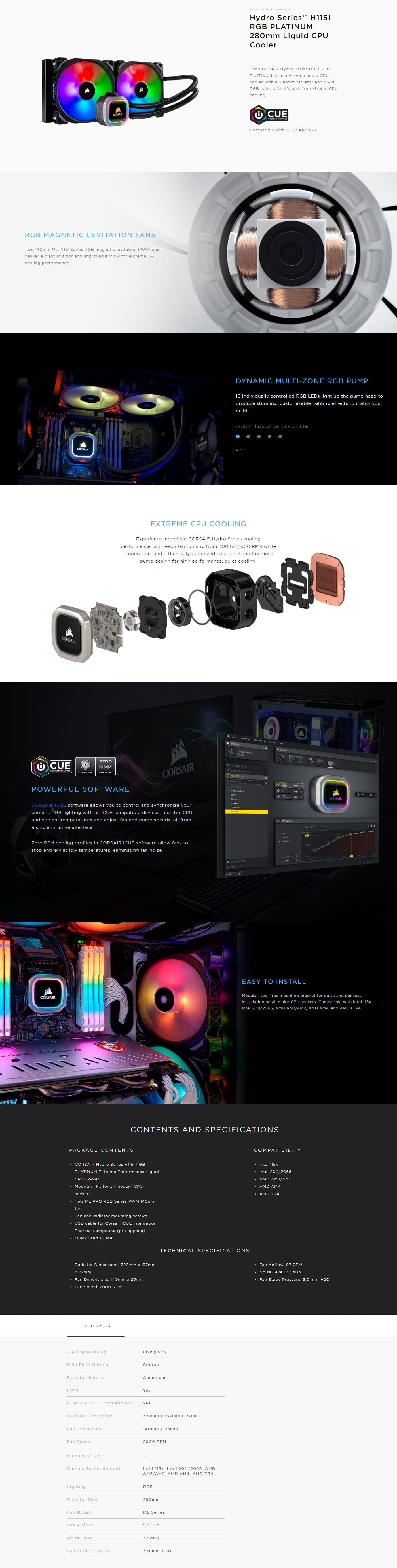  Buy Online Corsair Hydro Series H115i RGB Platinum 280mm Liquid CPU Cooler (CW-9060038-WW)