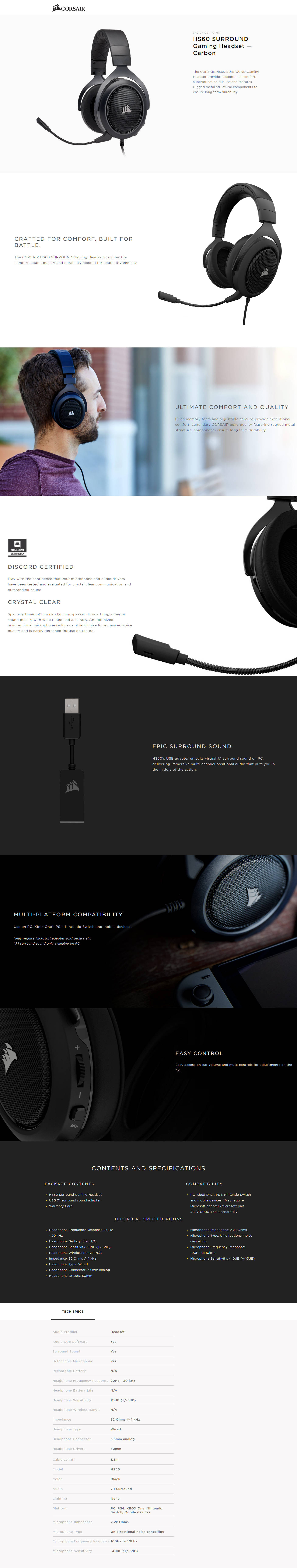  Buy Online Corsair HS60 Surround Gaming Headset - Carbon (CA-9011173-AP)
