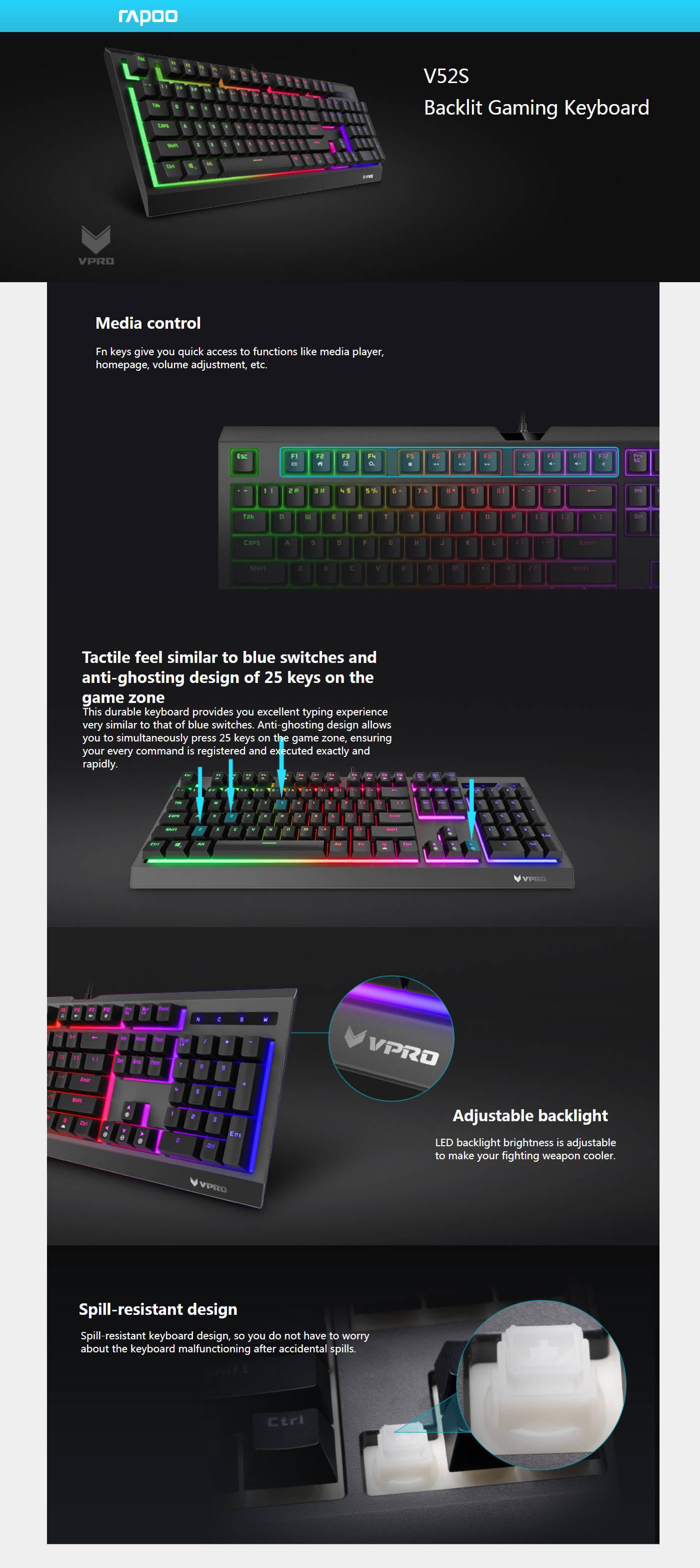  Buy Online Rapoo V52S Backlit Gaming Keyboard - Black