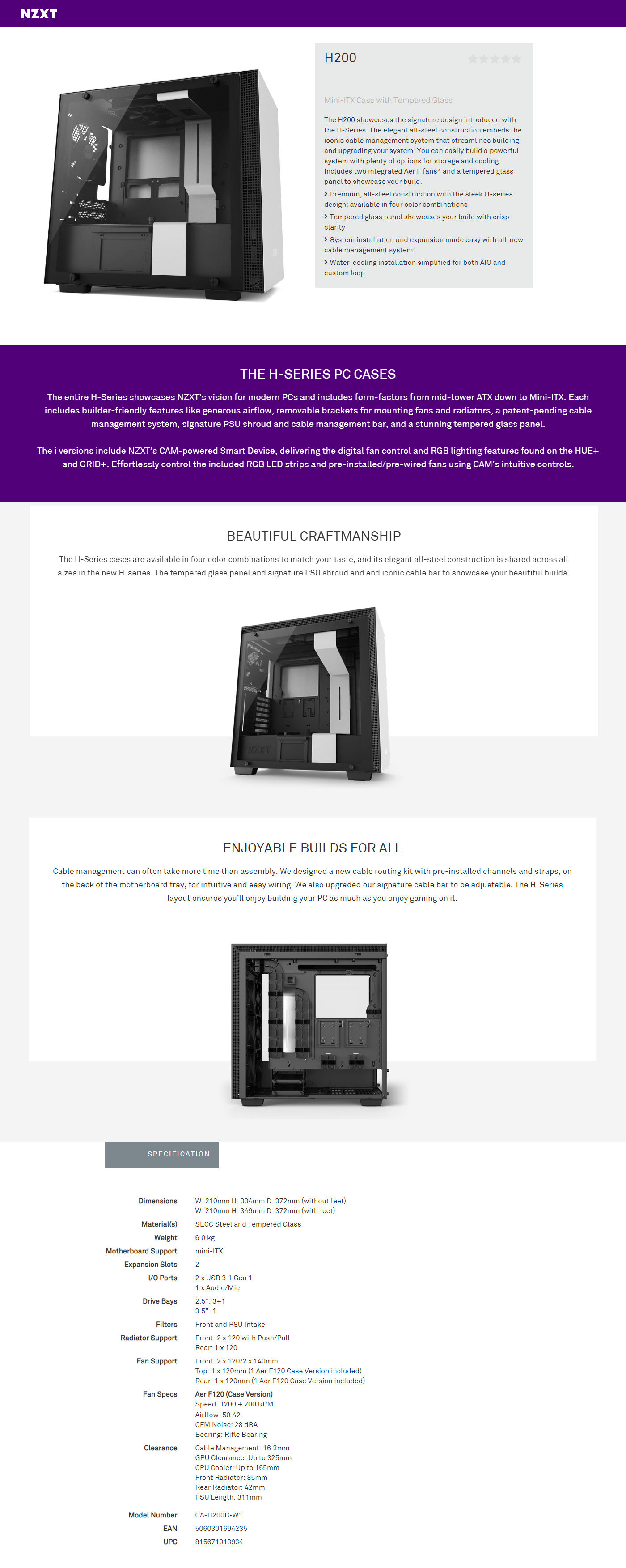  Buy Online Nzxt H200 Mini-ITX Case with Tempered Glass - Matte White (CA-H200B-W1)
