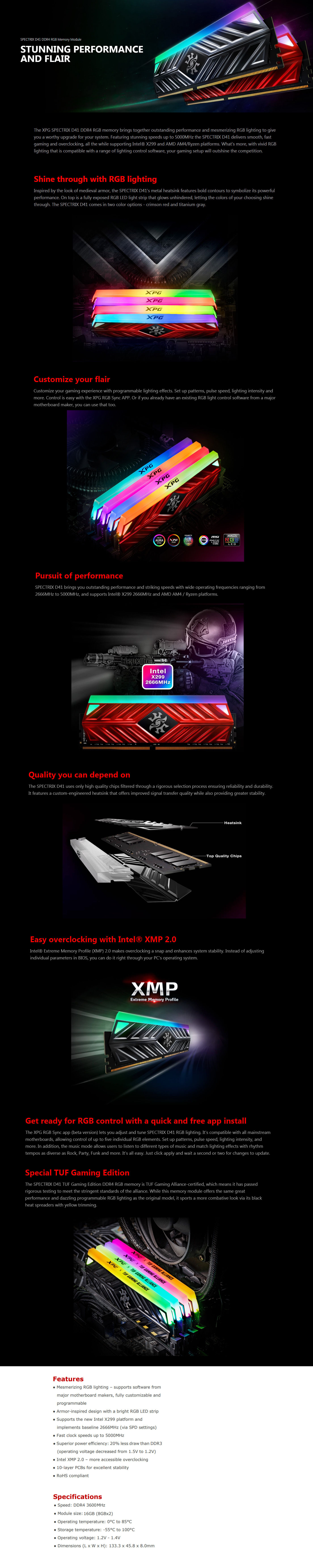 Buy Online Adata XPG Spectrix D41 RGB 16GB (2 x 8GB) 3600MHz DDR4 Memory - Red (AX4U360038G17-DR41)