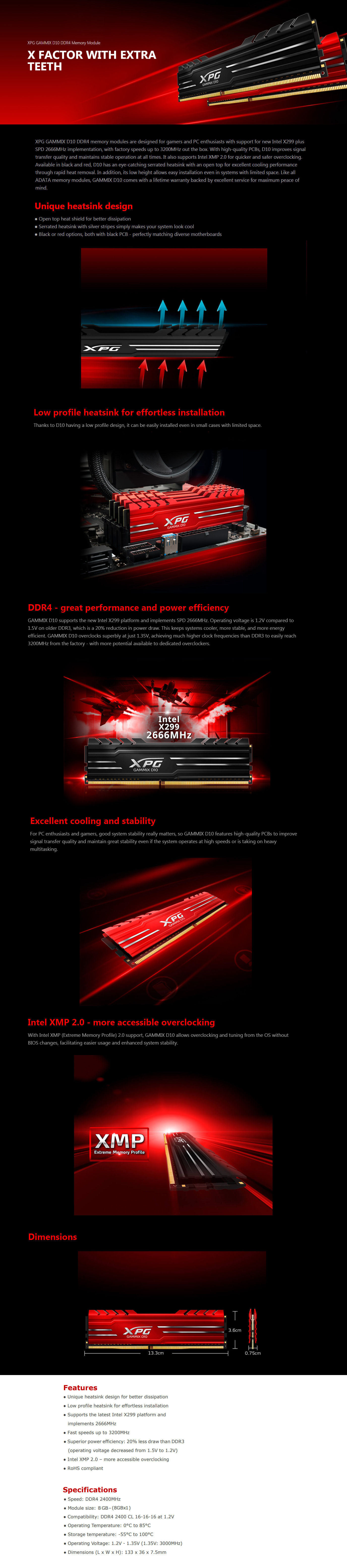  Buy Online Adata XPG GAMMIX D10 8GB (1 x 8GB) 2400Mhz DDR4 Memory - Red (AX4U240038G16-SRG)