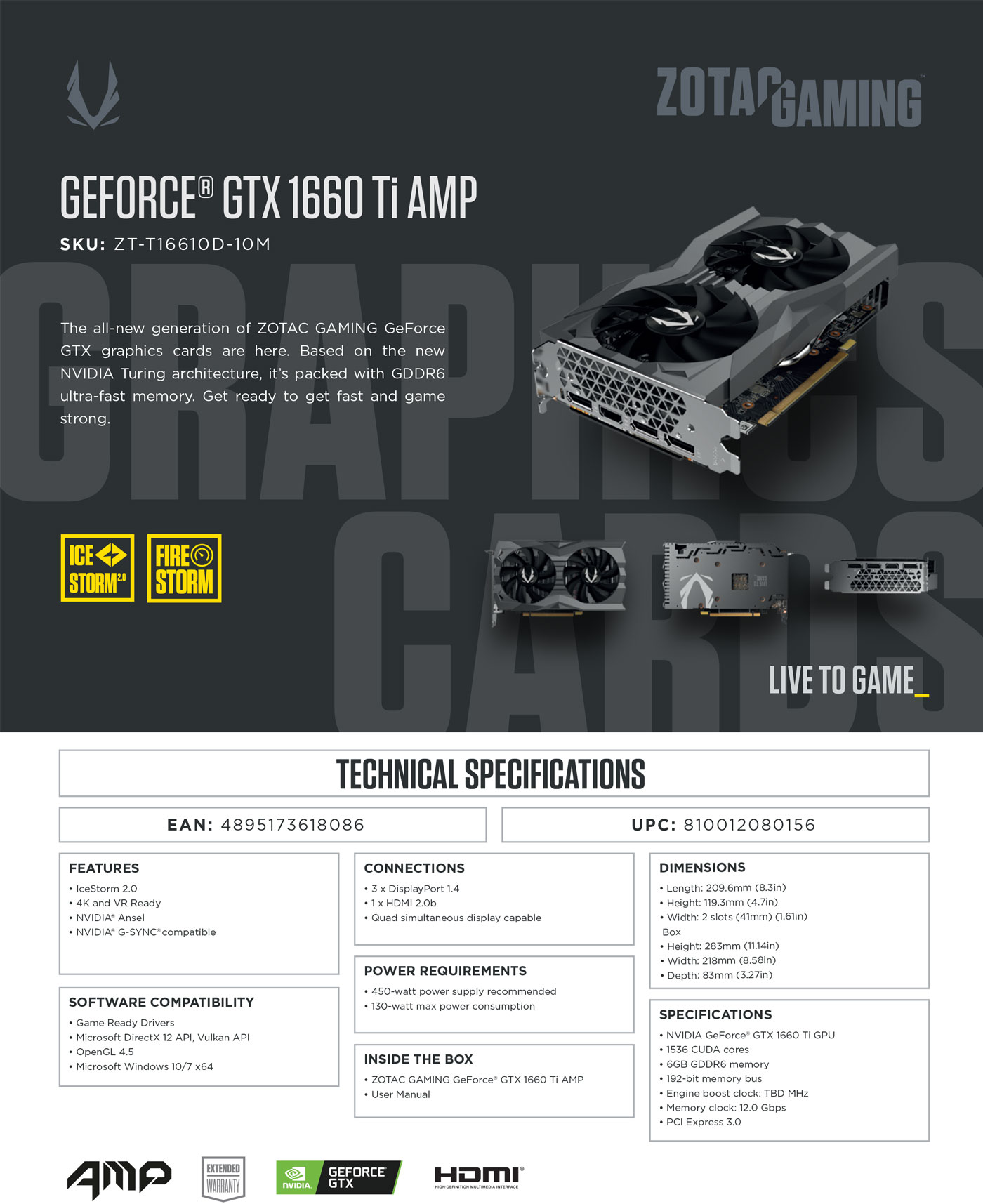  Buy Online Zotac GAMING Geforce GTX 1660Ti AMP Edition 6GB GDDR6 (ZT-T16610D-10M)