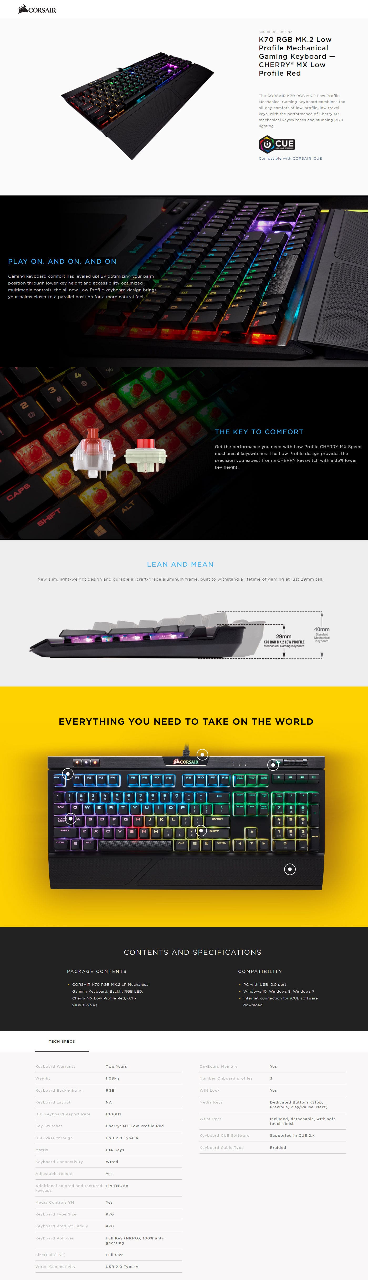  Buy Online Corsair K70 RGB MK.2 Low Profile Mechanical Gaming Keyboard - Cherry MX Low Profile Red (CH-9109017-NA)