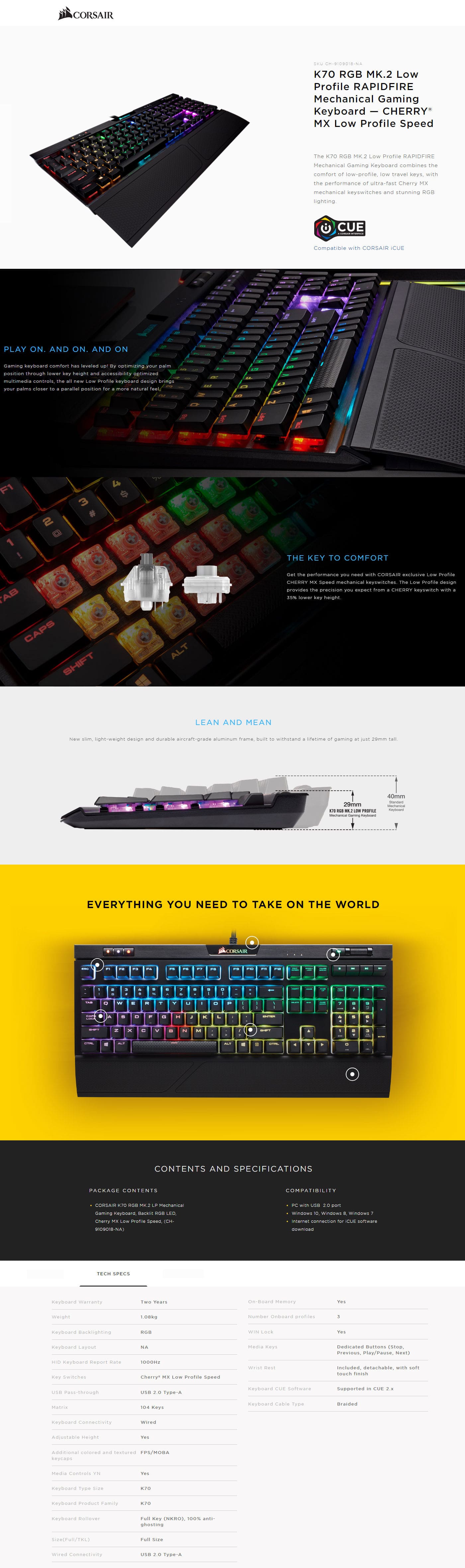  Buy Online Corsair K70 RGB MK.2 Low Profile RAPIDFIRE Mechanical Gaming Keyboard - Cherry MX Low Profile Speed (CH-9109018-NA)