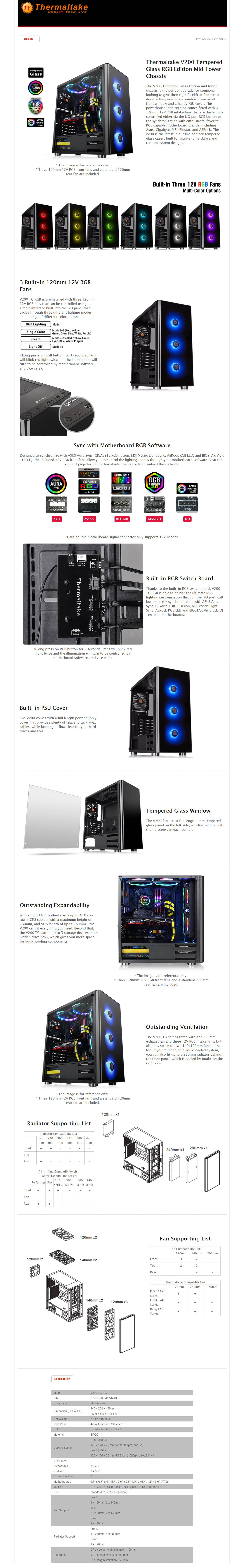  Buy Online Thermaltake V200 Tempered Glass RGB Edition Mid Tower Chassis (CA-1K8-00M1WN-01)