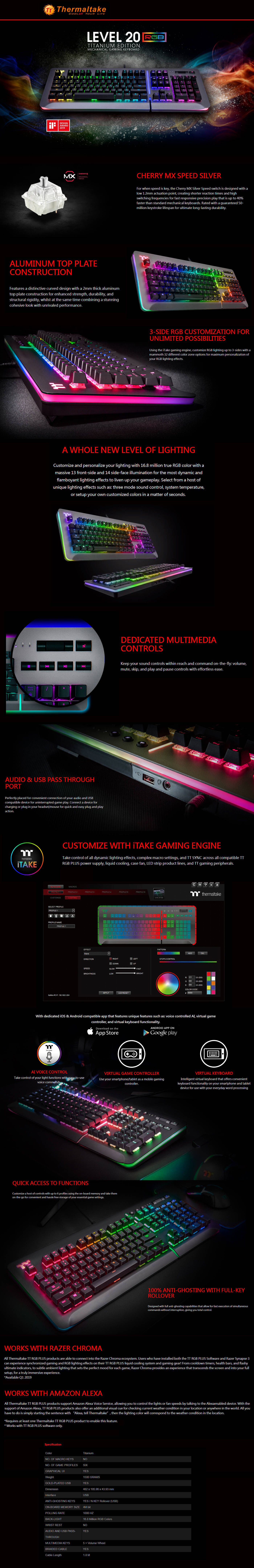  Buy Online Thermaltake Level 20 RGB Titanium Gaming Keyboard - Speed Silver (KB-LVT-SSSRUS-01)