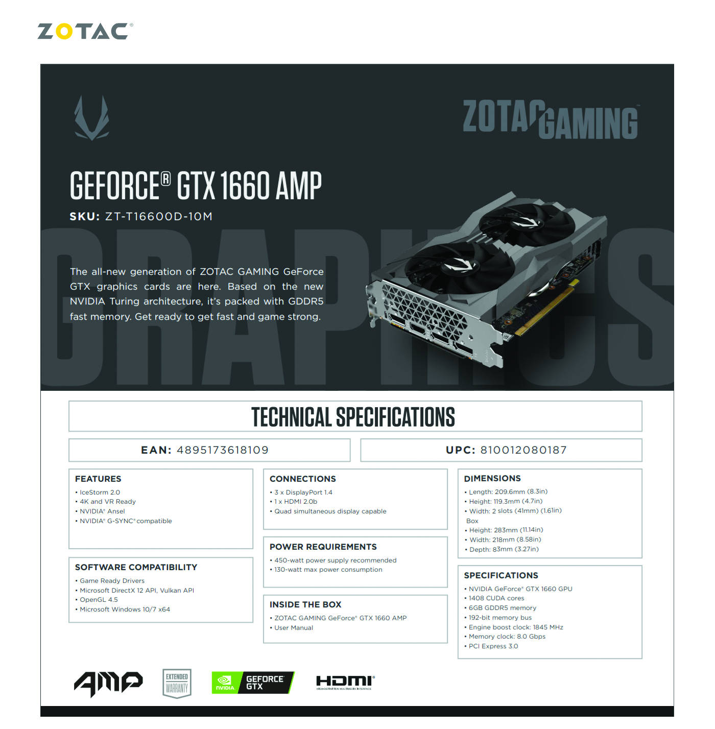  Buy Online Zotac GAMING Geforce GTX 1660 AMP Edition 6GB GDDR5 (ZT-T16600D-10M)