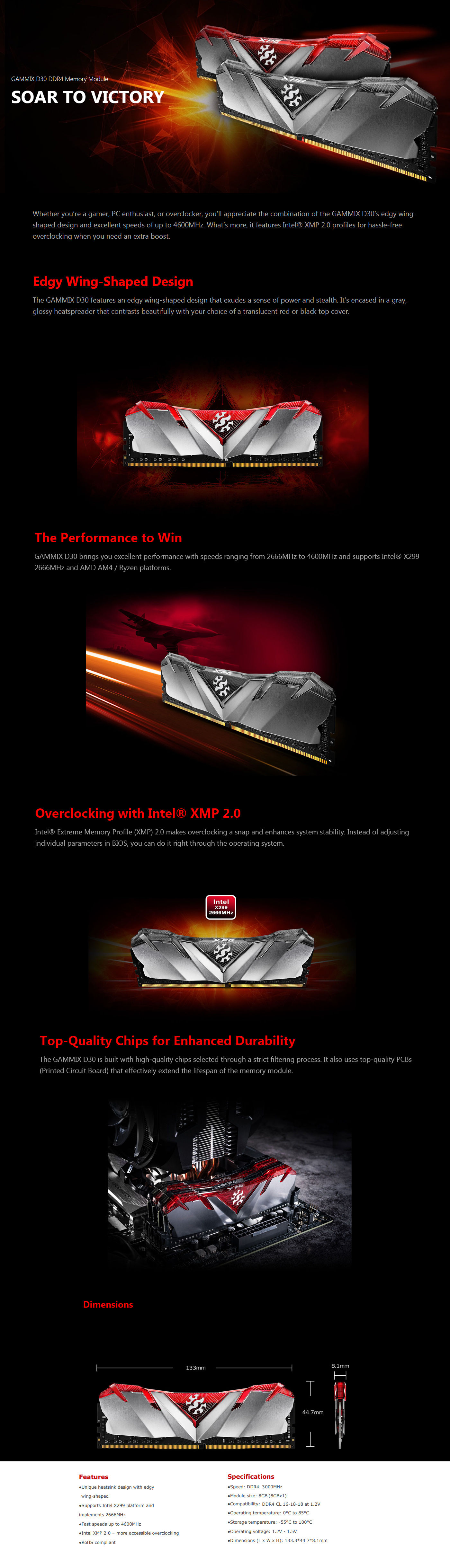  Buy Online Adata XPG Gammix D30 8GB (1 x 8GB) 3000MHz DDR4 Memory - Red (AX4U300038G16-SR30)