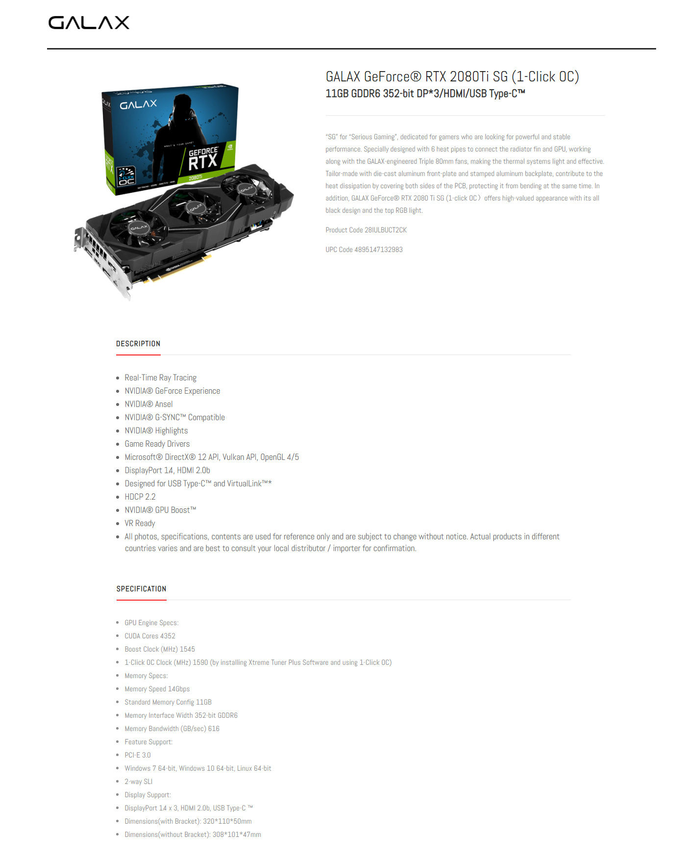  Buy Online GALAX GeForce RTX 2080 Ti SG (1-Click OC) 11GB GDDR6 (28IULBUCT2CK) 