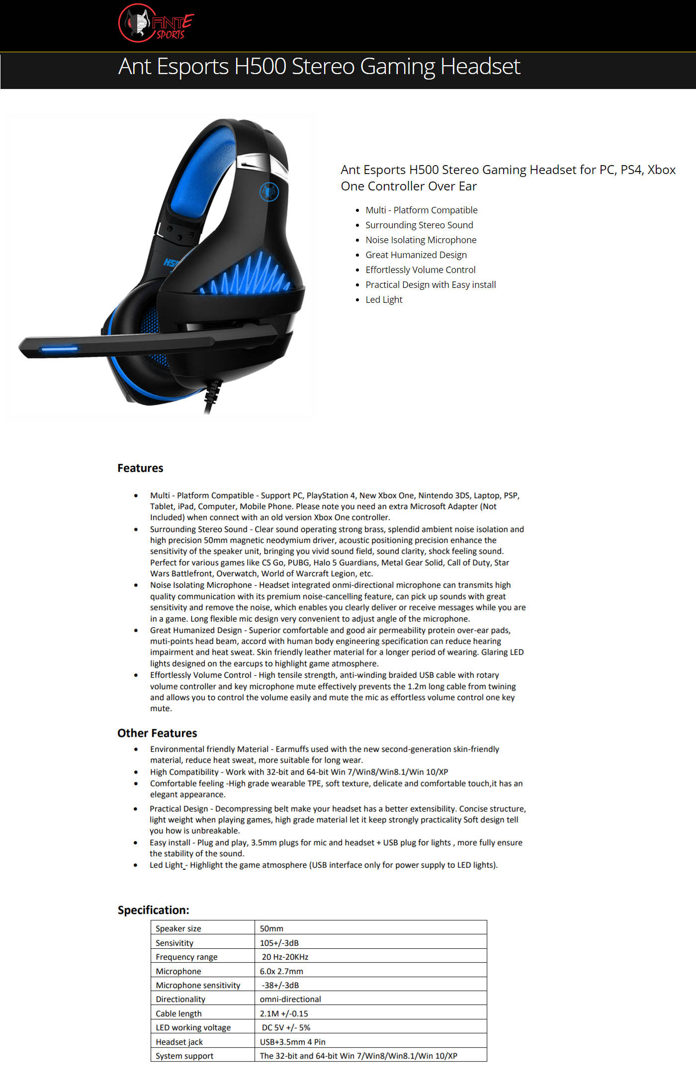 Buy Online AntEsports H500 Stereo Gaming Headset for PC (Black-Blue)