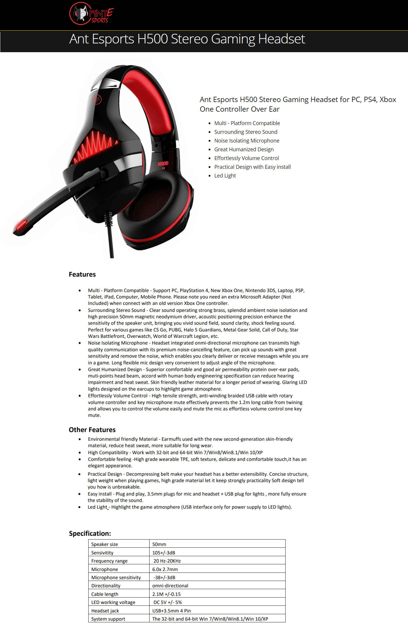  Buy Online Ant Esports H500 Stereo Gaming Headset for PC (Black-Red)