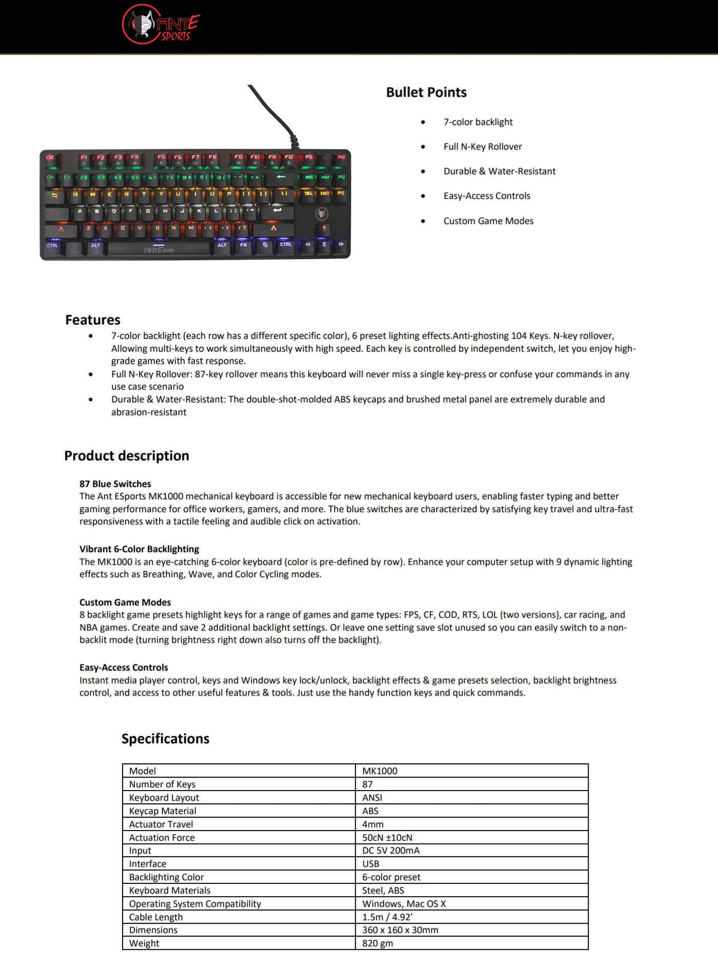  Buy Online AntEsports MK1000 Multicolour LED Backlit Wired TKL Mechanical Keyboard