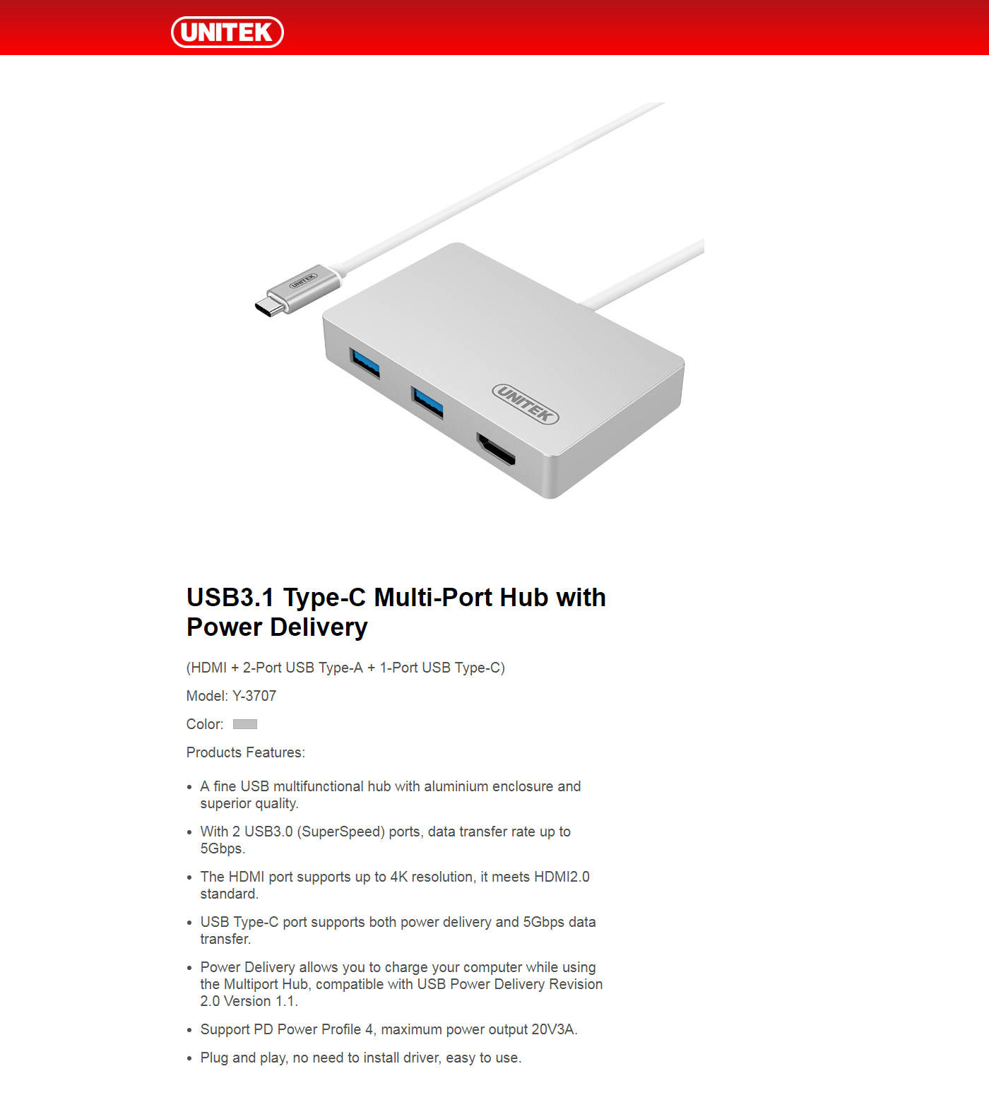  Buy Online Unitek USB3.1 Type-C Multi-Port Hub with Power Delivery Y-3707 (UT-142)