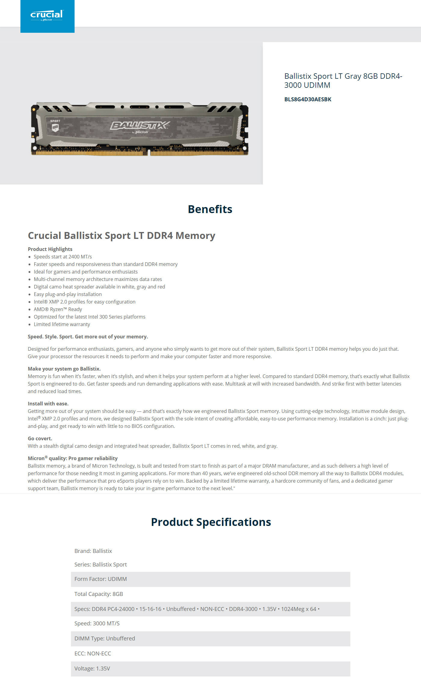Buy Online Crucial Ballistix Sport LT Gray 8GB DDR4-3000 UDIMM (BLS8G4D30AESBK)