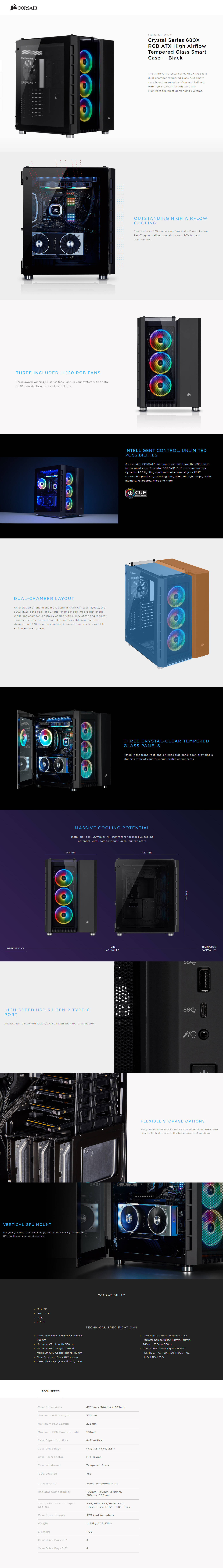 Buy Online Corsair Crystal Series 680X RGB ATX High Airflow Tempered Glass Smart Case - Black (CC-9011168-WW)