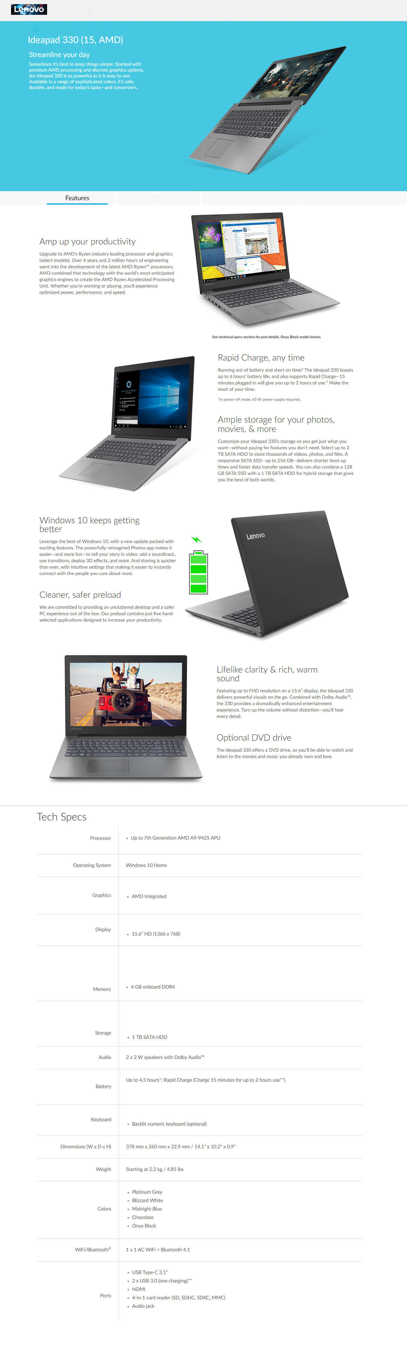  Buy Online Lenovo Ideapad 330 15.6inch Laptop - Platinum Grey - 81D600LAIN (AMD A9-9425, 4GB, 1TB, Windows 10)