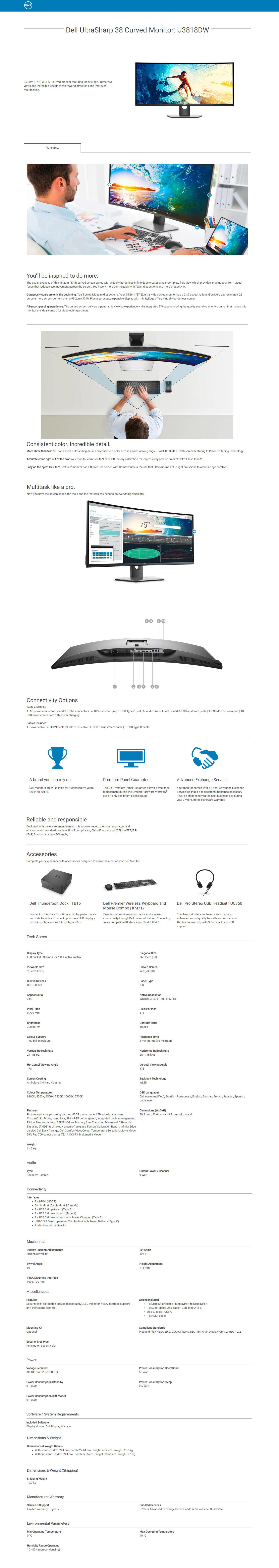  Buy Online Dell UltraSharp 38inch Curved Monitor (U3818DW) 