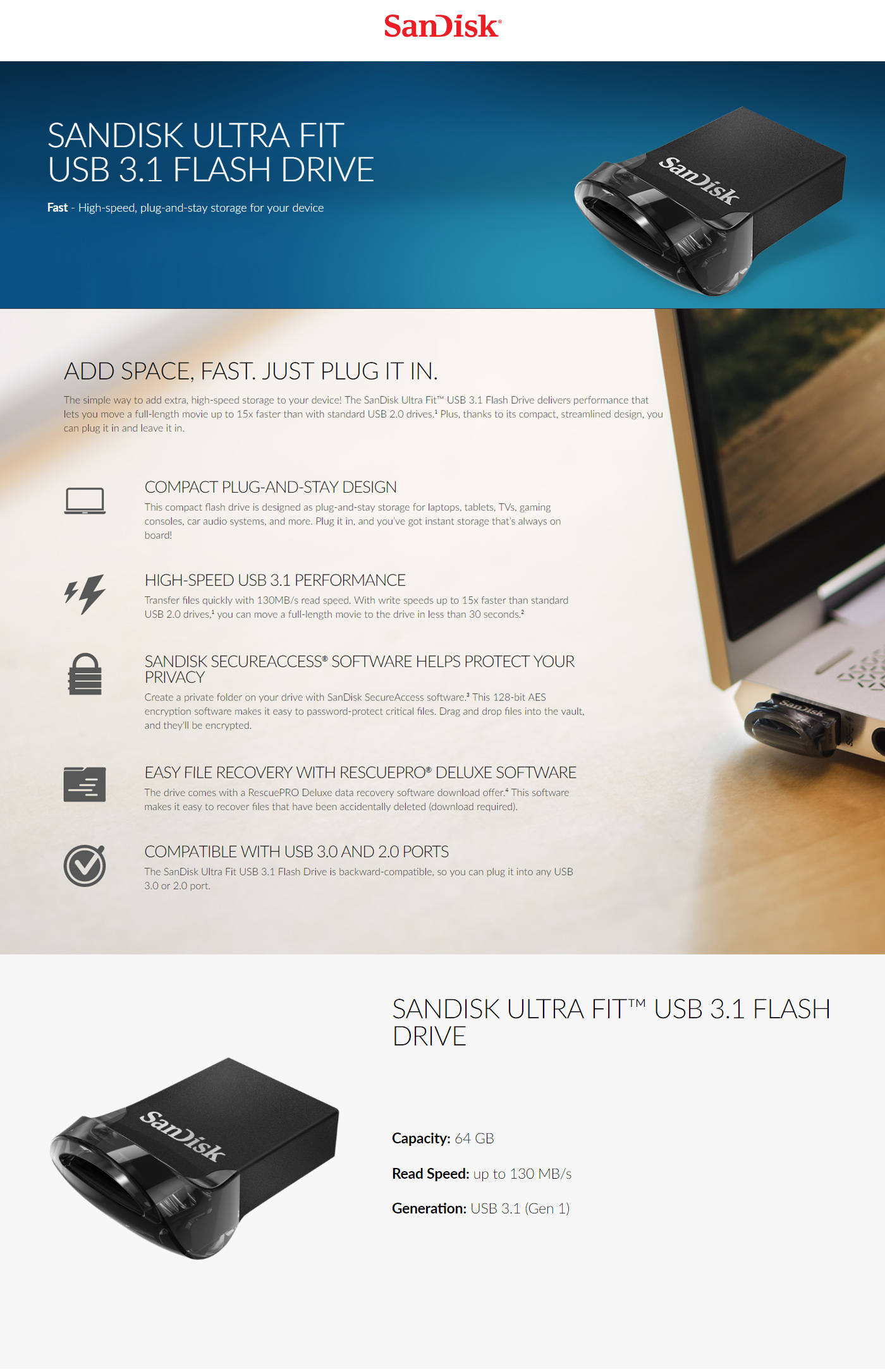 Buy Online SanDisk Ultra Fit 64GB USB 3.1 Flash Drive (SDCZ430-064G-I35)