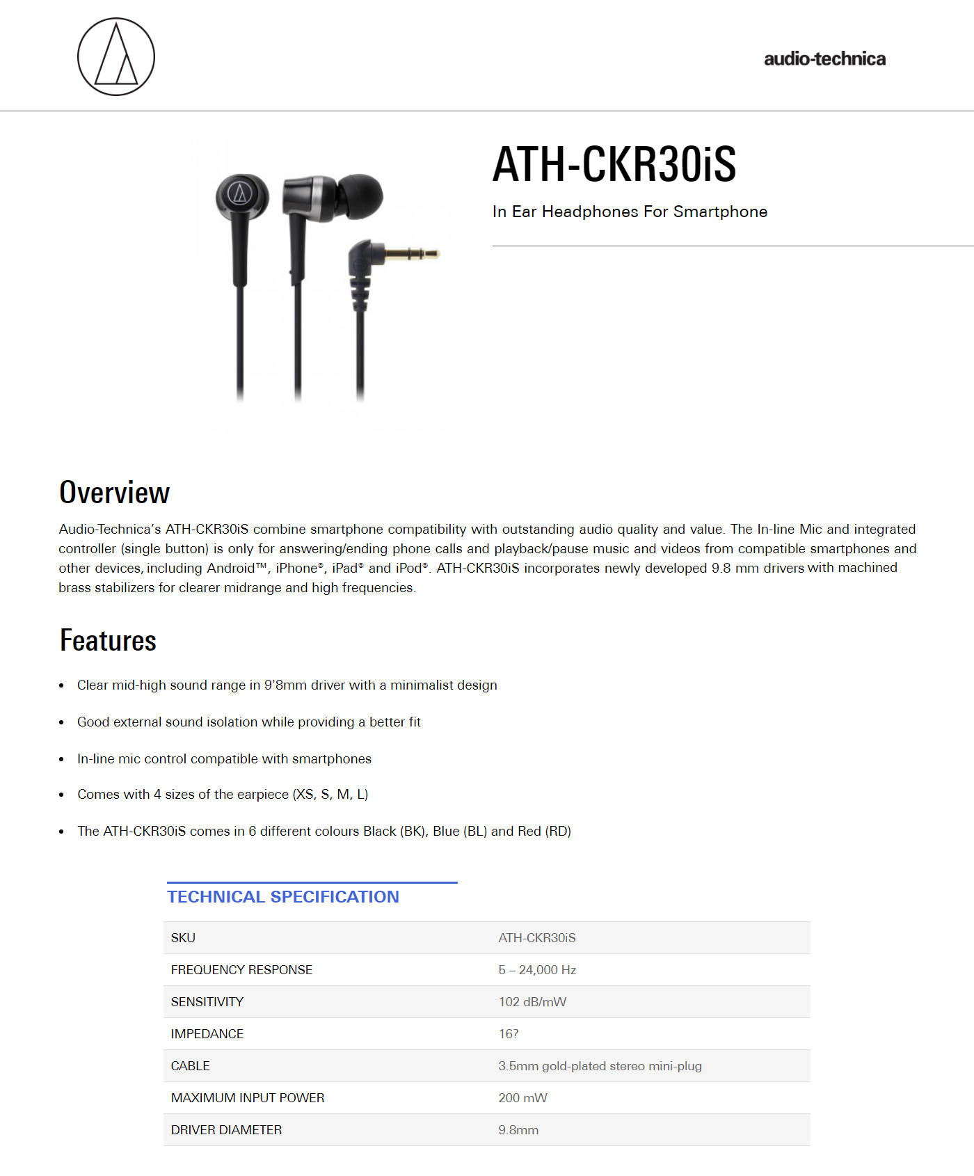 Buy Online Audio Technica ATH-CKR30IS-BK In Ear Headphones - Black