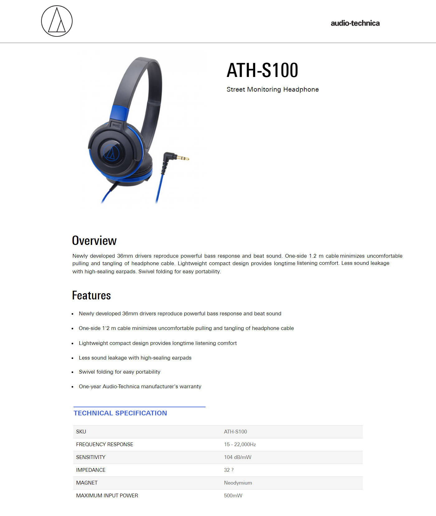 Buy Online Audio Technica ATH-S100-BBL Street Monitoring Headphone - Black-Blue